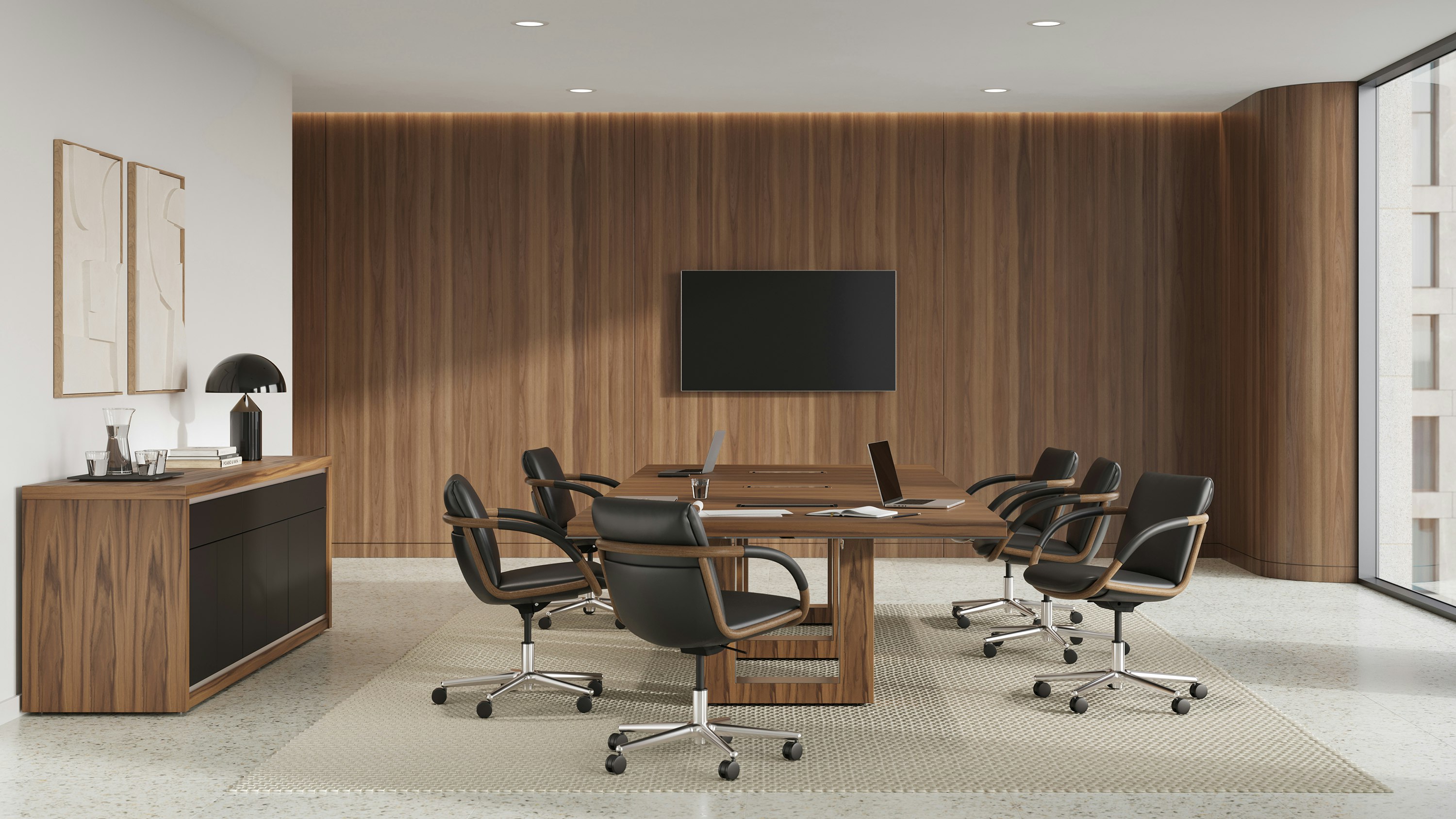 Highline 50 Conference Table with Highline 50 Credenza and Full Loop Chairs in Conference Room.