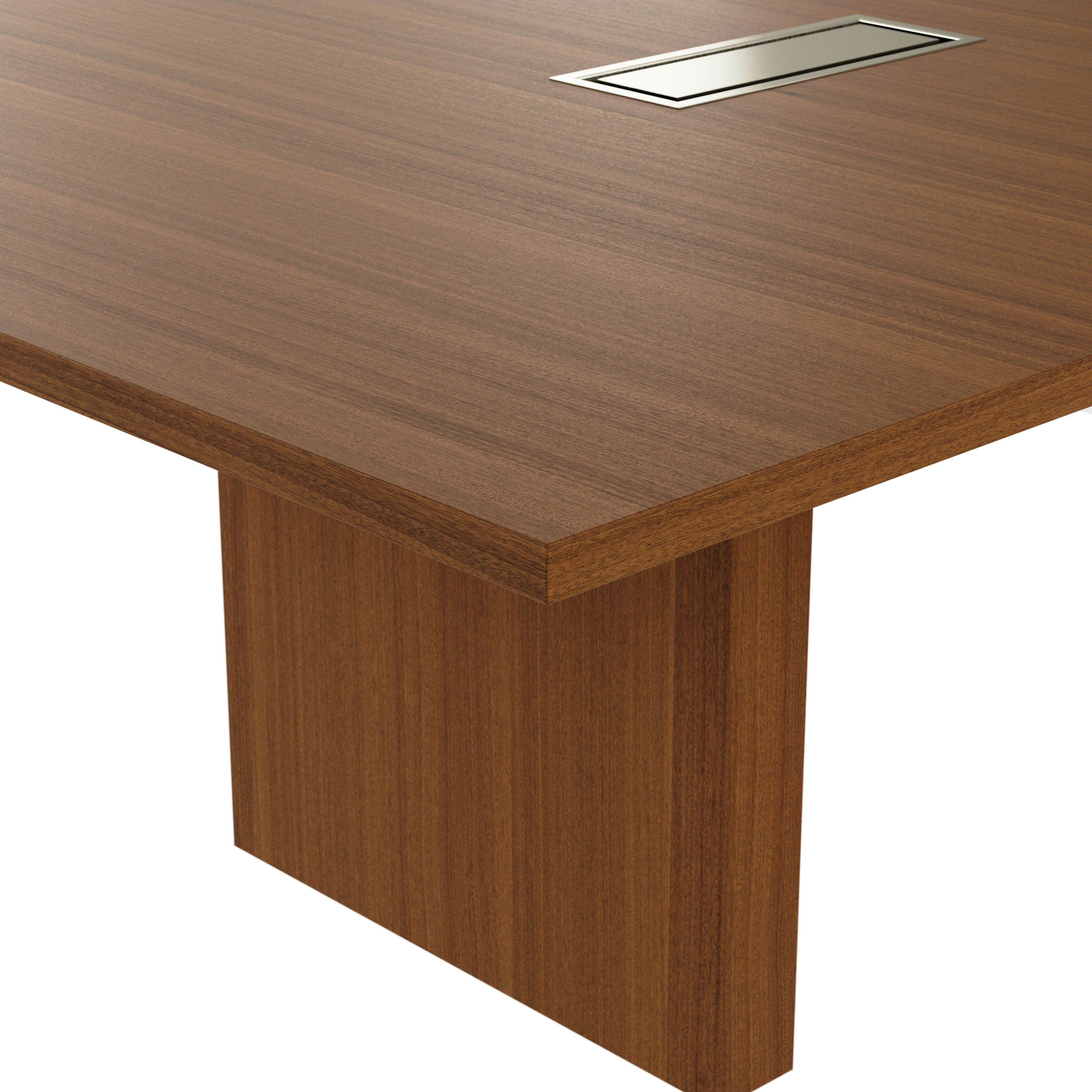 Edge detail shot of a JD Media Table in Natural Quarter Cut Walnut with a 1 and 1/4 inch thick top. 