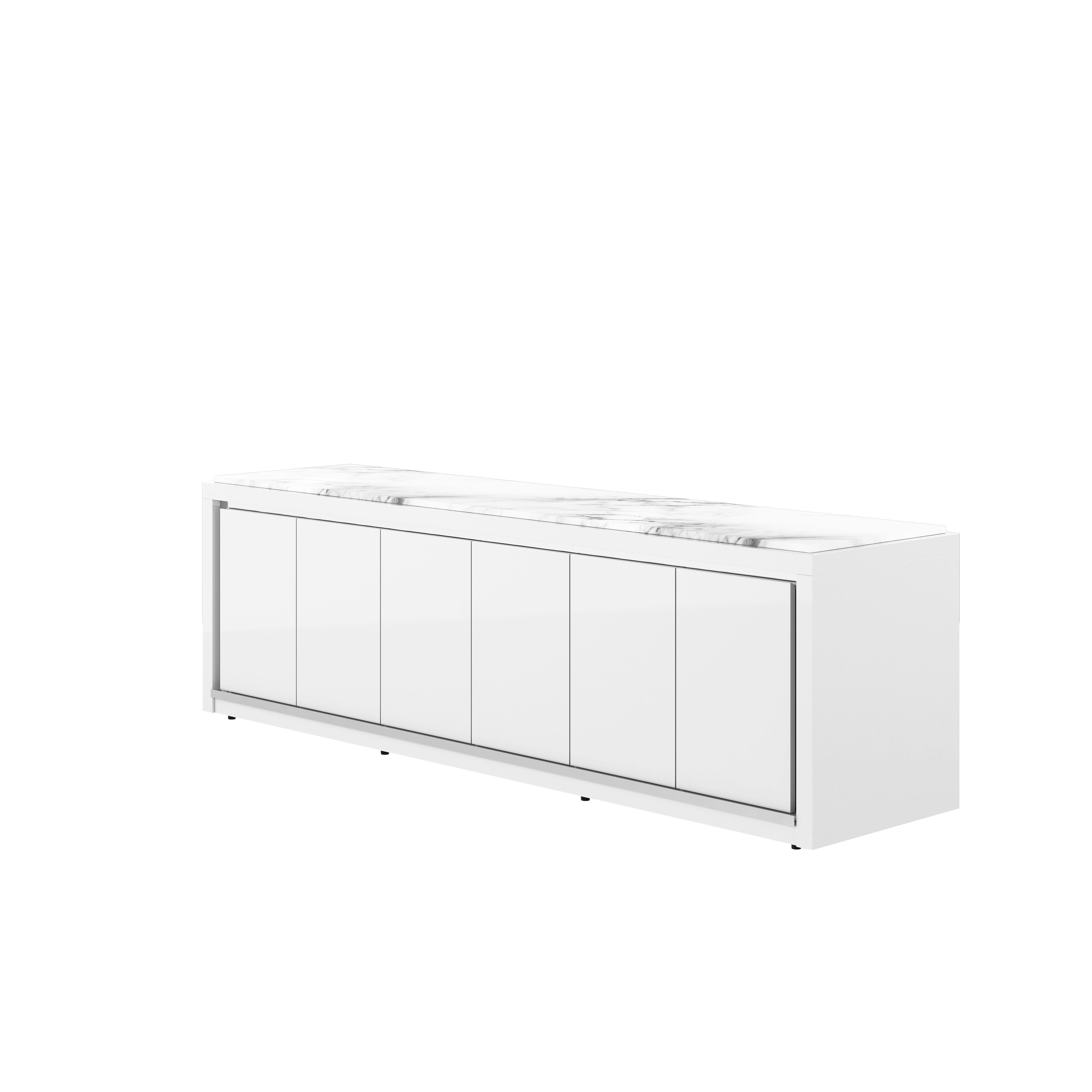 Highline Fifty Credenza in White Polyester with White Carrara Marble top and Polished Chrome Metal trim viewed from a 45 degree angle.