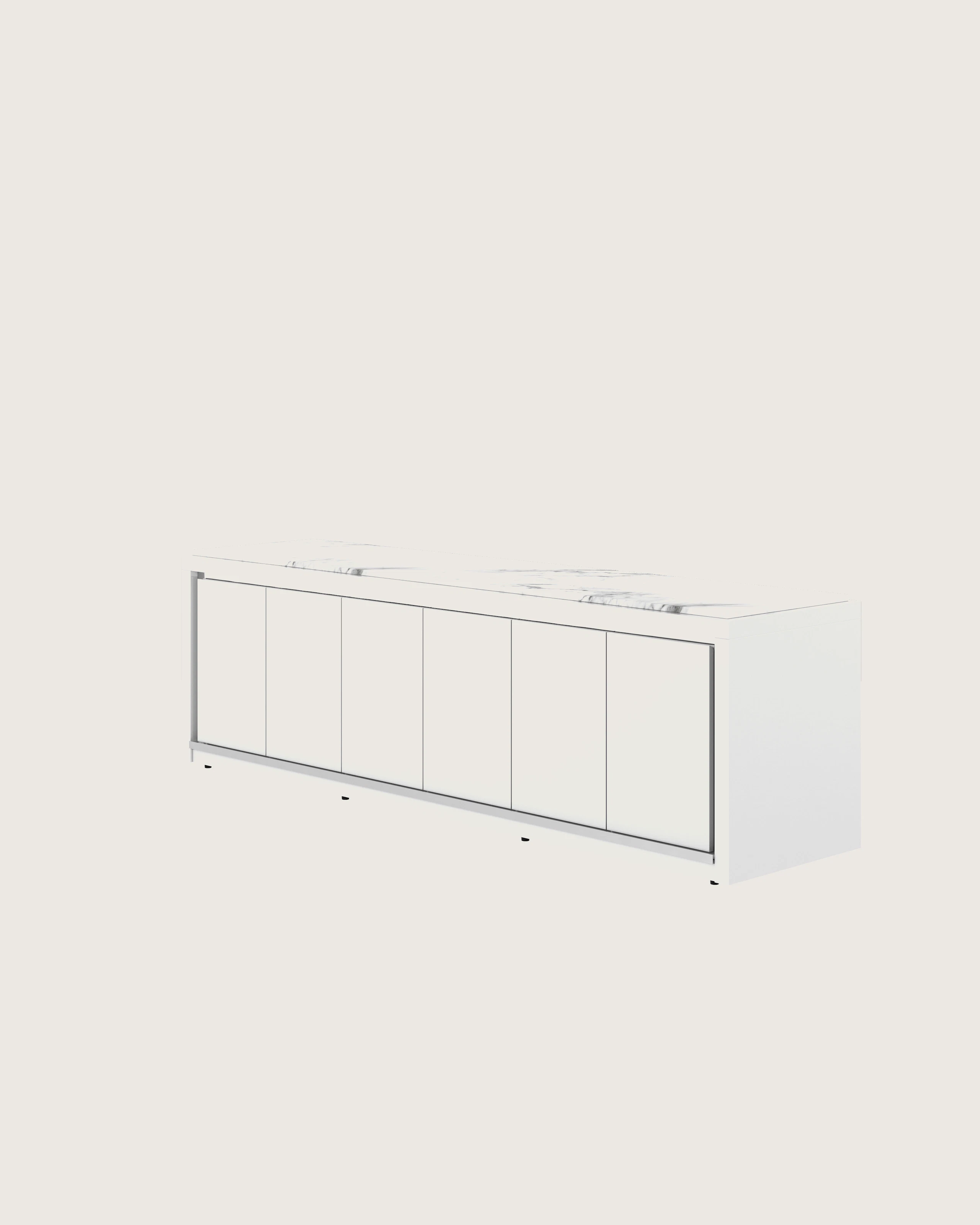 Highline Fifty Credenza in White Polyester with White Carrara Marble top and Polished Chrome Metal trim viewed from a 45 degree angle.