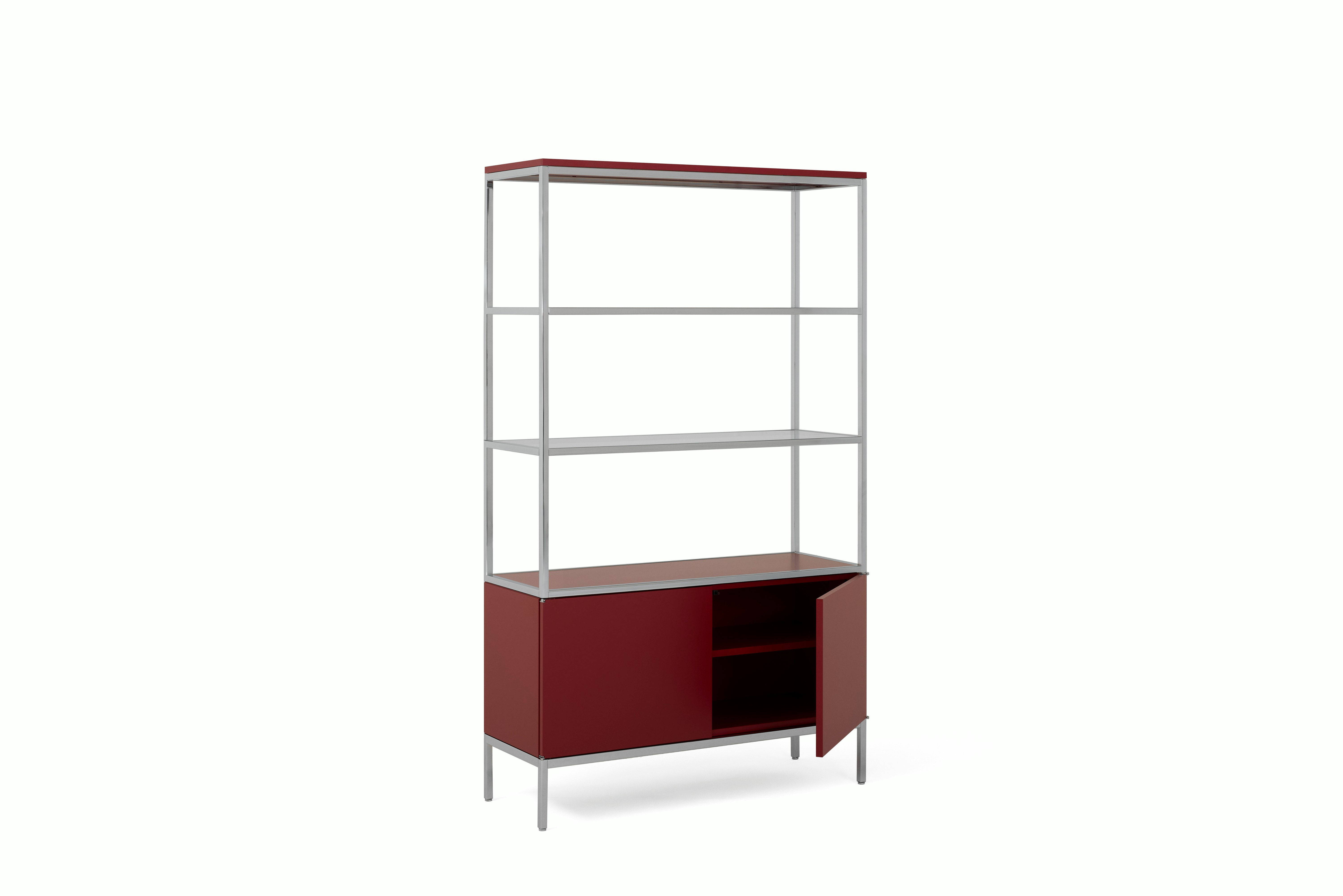 A Knoll Chermayeff Bookcase in Dark Red Lacquer viewed from an angle.