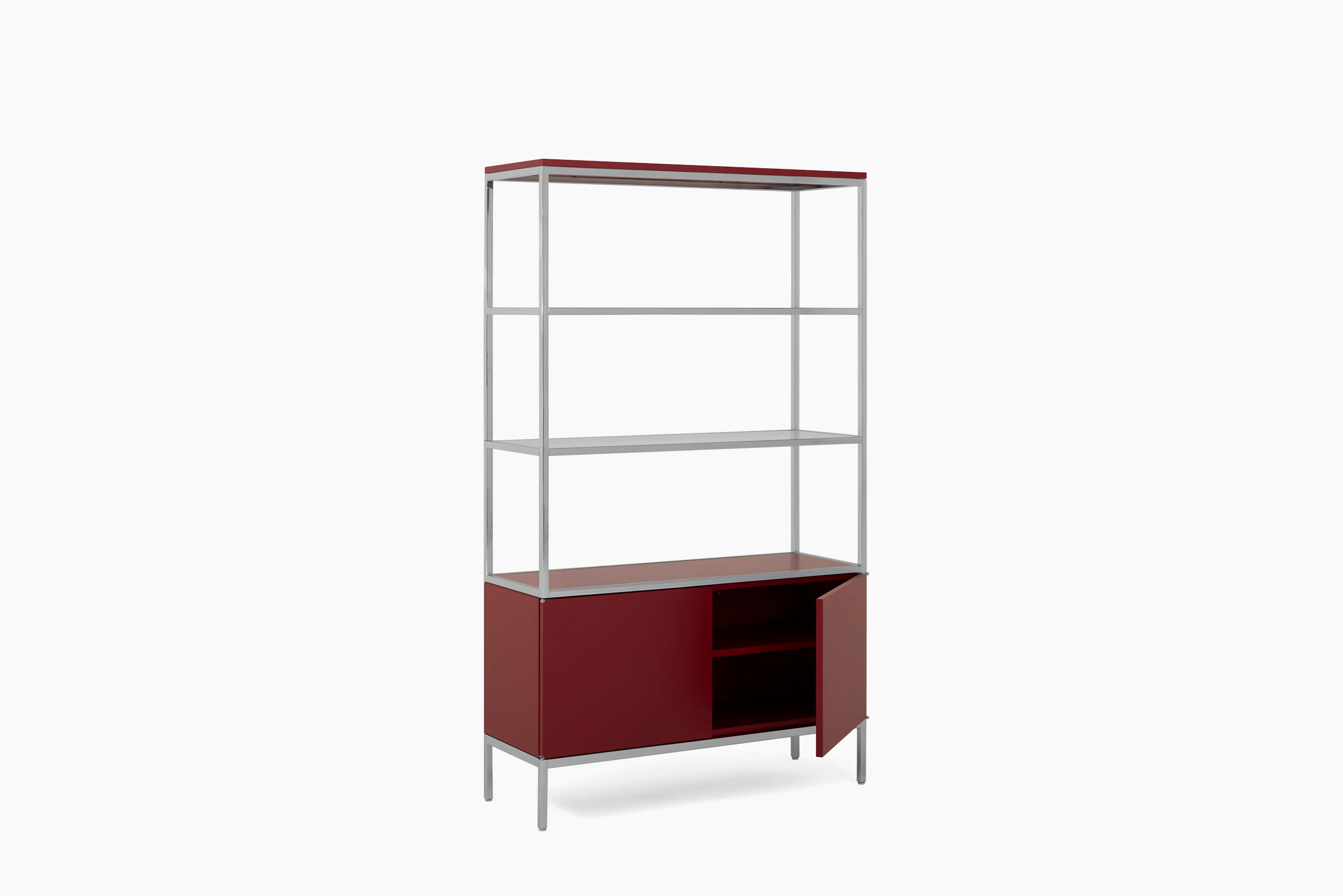 A Knoll Chermayeff Bookcase in Dark Red Lacquer viewed from an angle.