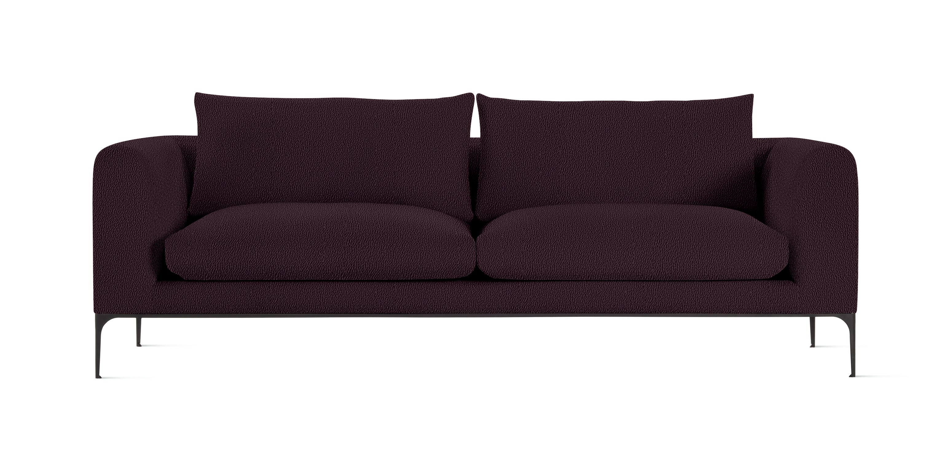 A Jonas Sofa in Turf, Burgundy with Black finish viewed from the front.