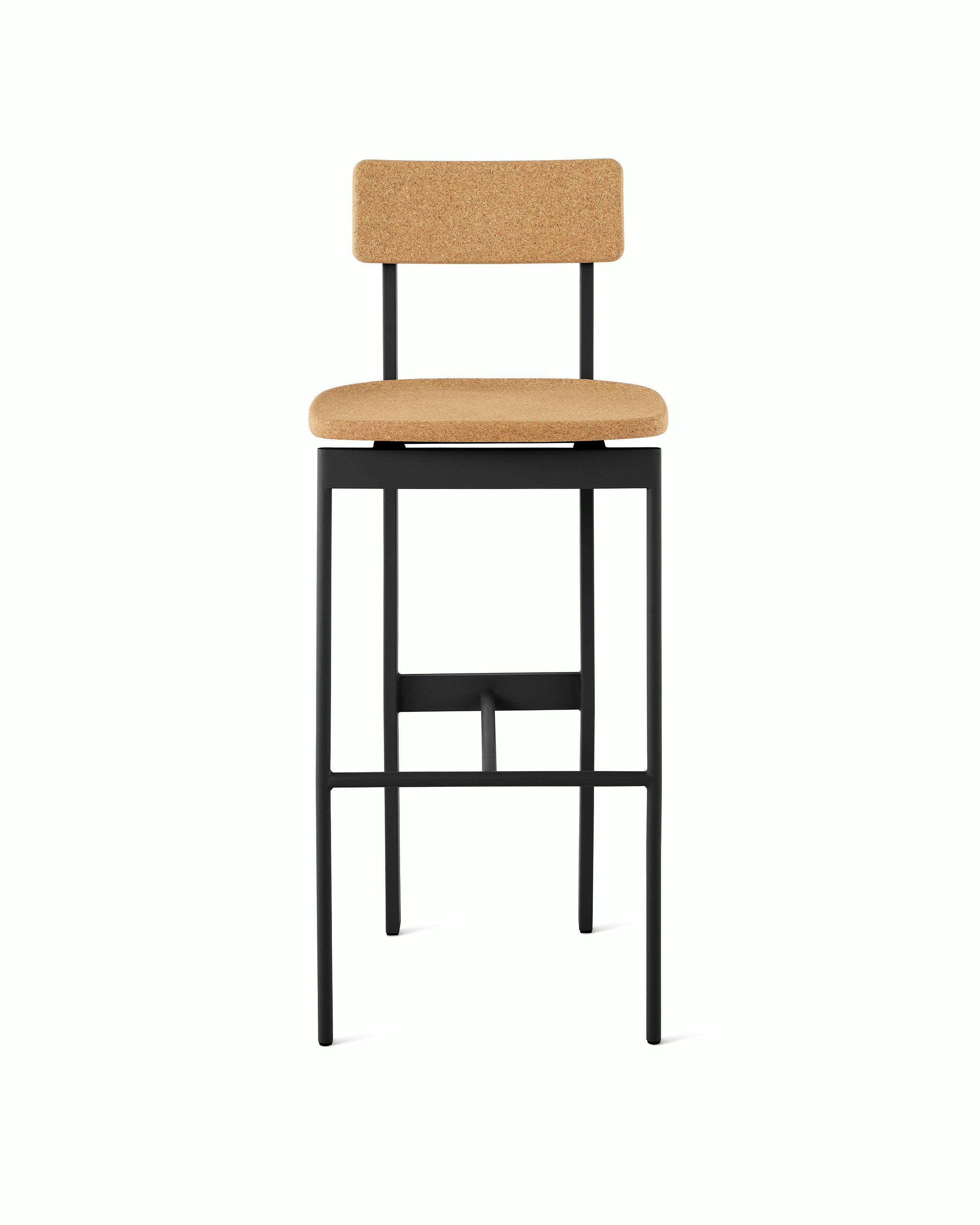 A cork Betwixt bar stool with a black frame.