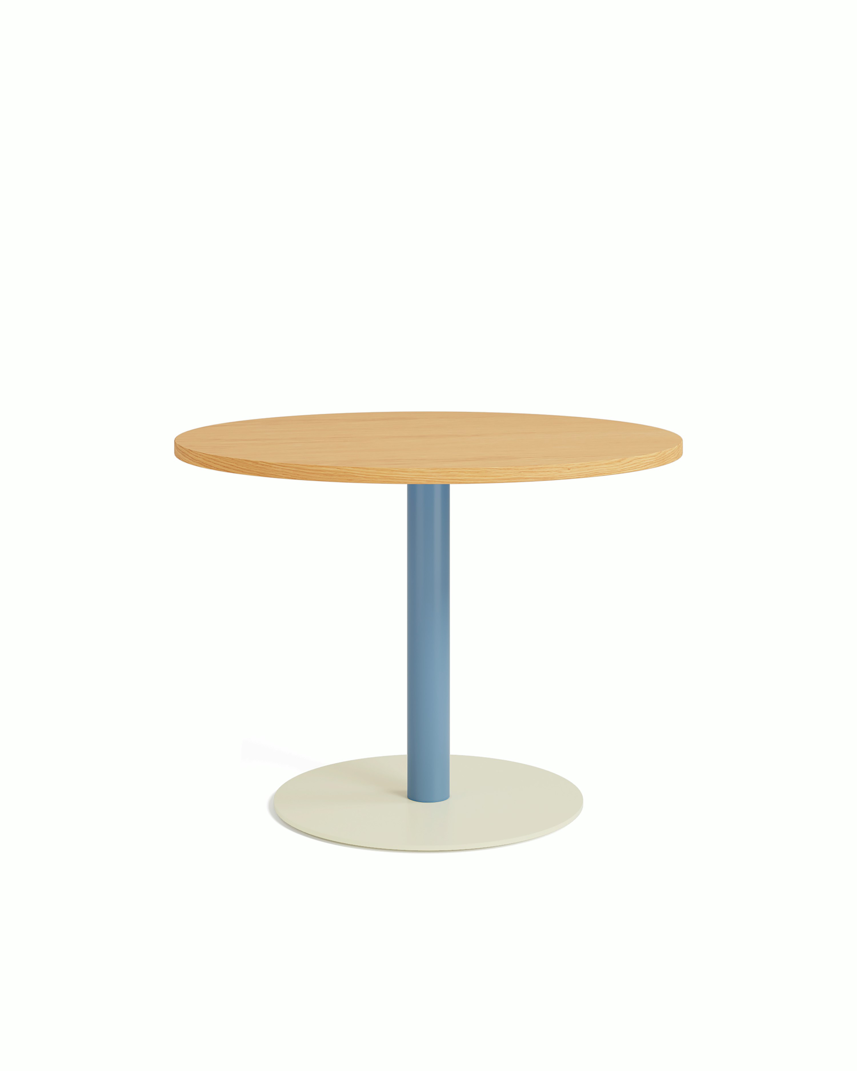 Tier Lounge table with Pale Blue stem, Oyster base and Round Oak top on white background.