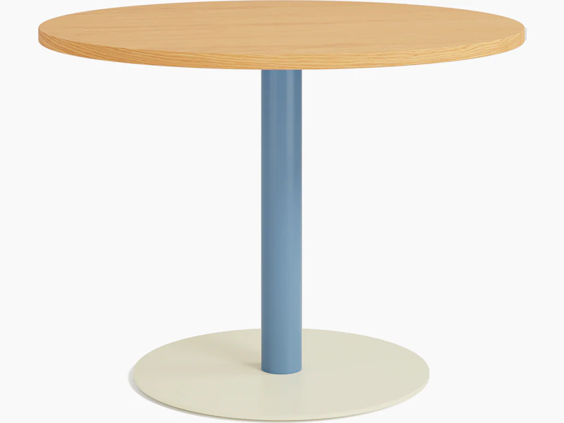 Tier Lounge table with Pale Blue stem, Oyster base and Round Oak top on white background.