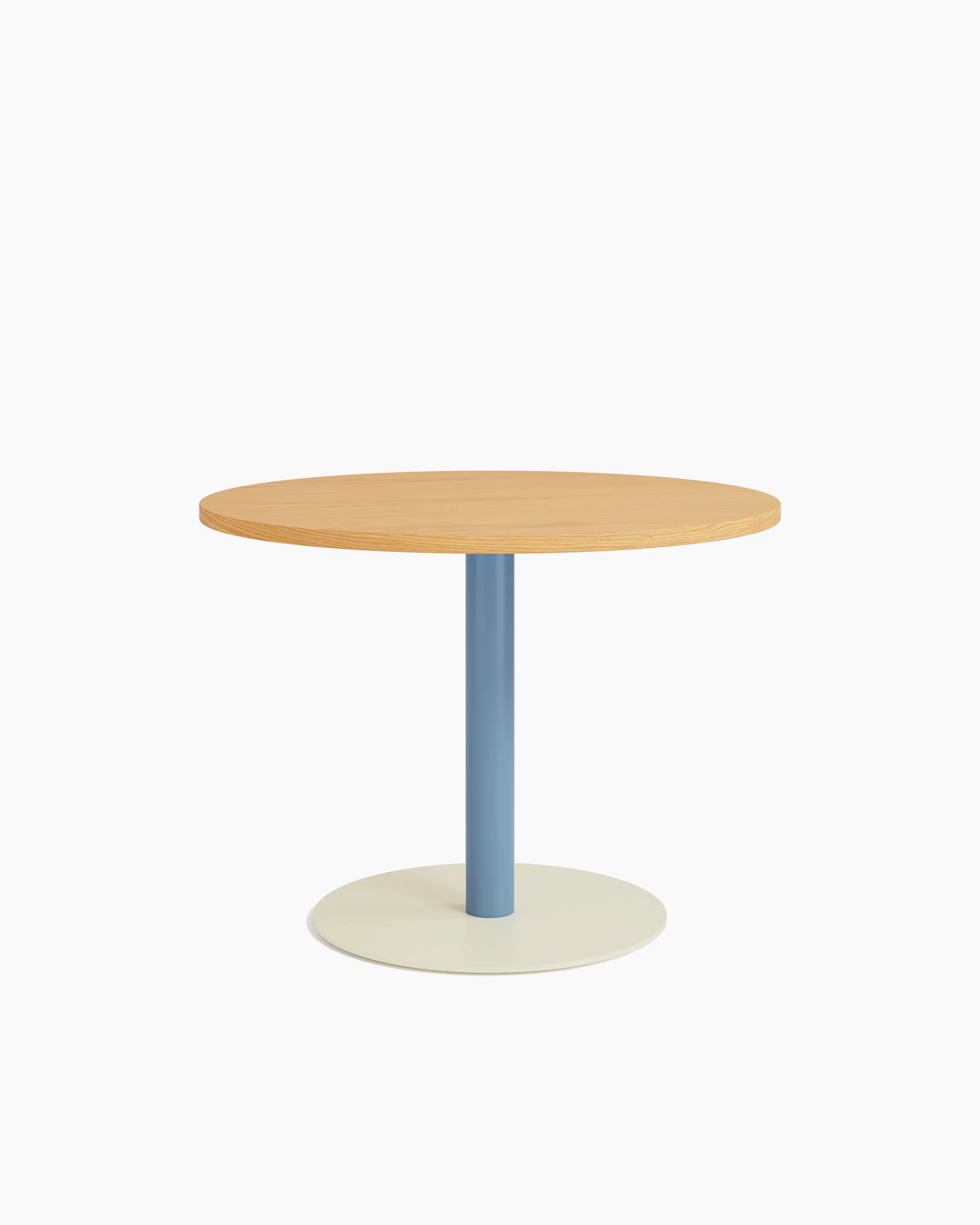 Tier Lounge table with Pale Blue stem, Oyster base and Round Oak top on white background.