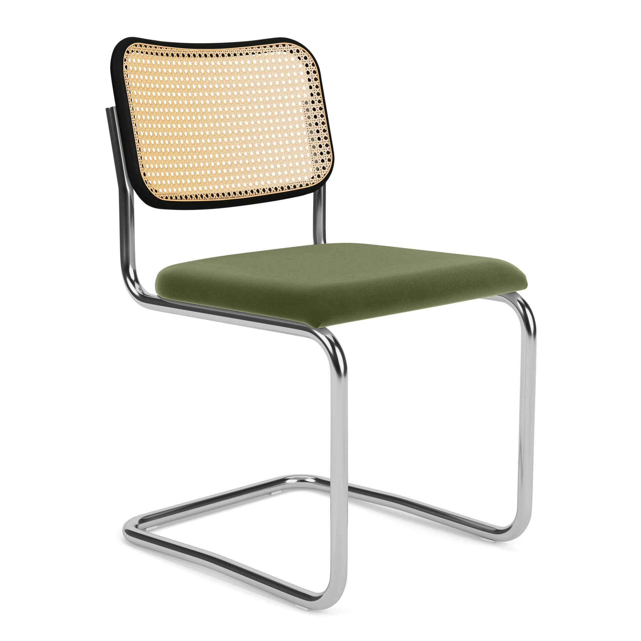 Cesca Side Chair - Caned/Ebonized Beech Back,  Upholstered Seat,  Knoll Velvet,  Sage
