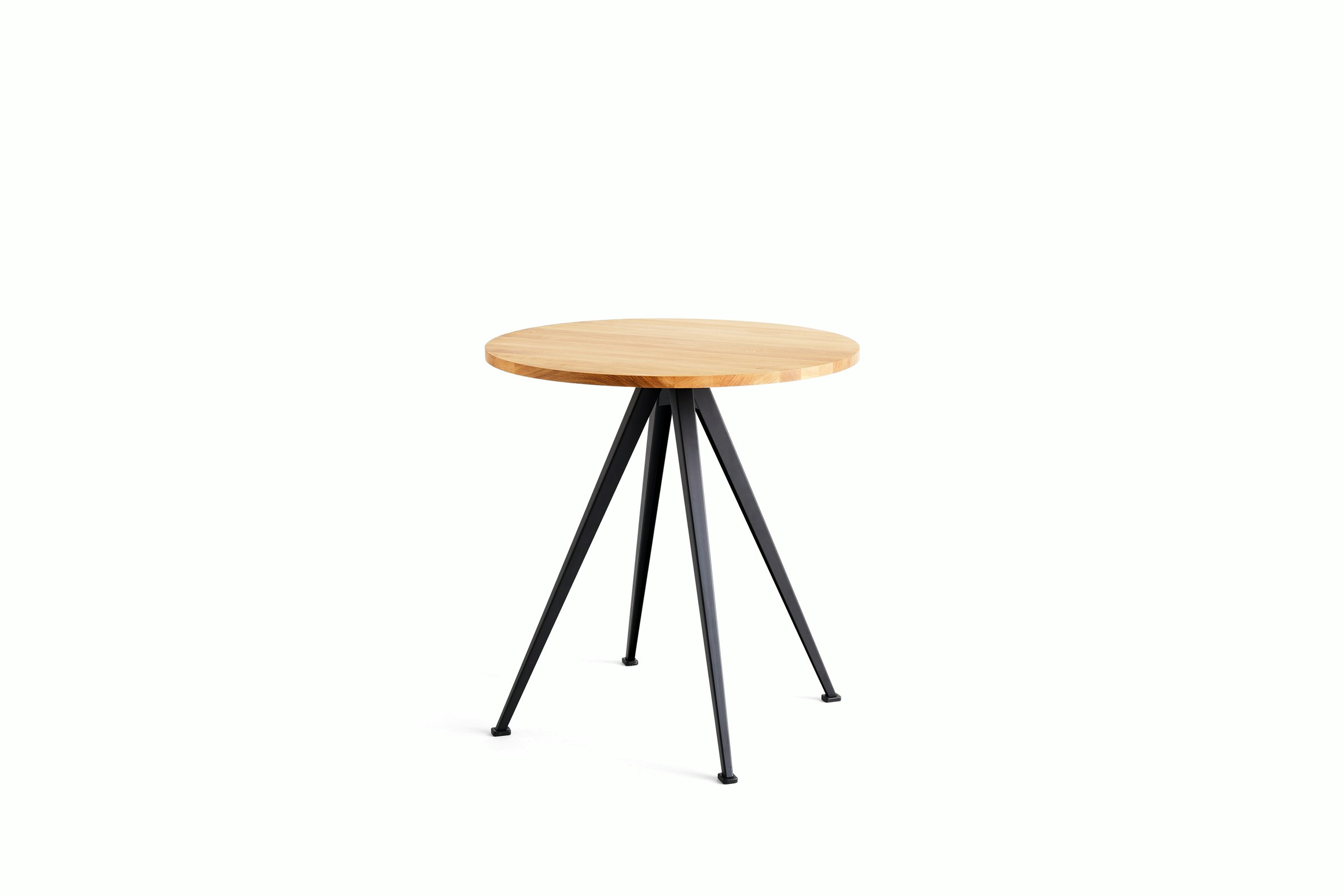 A front view of the Pyramid Cafe Table- round with Oak top and black frame.