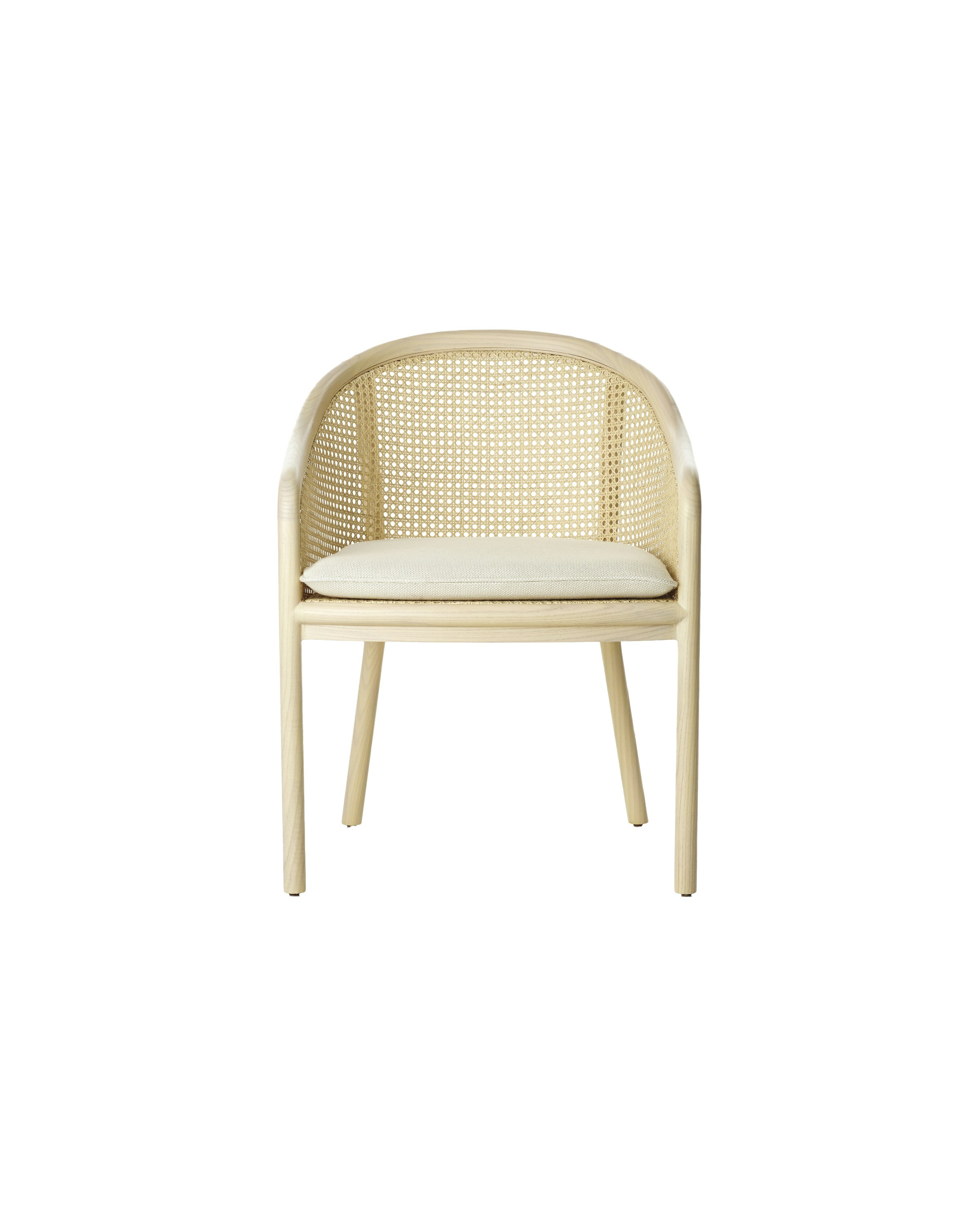 Landmark Chair with a cane back and a seat upholstered in a Double Beam textile, viewed from the front.