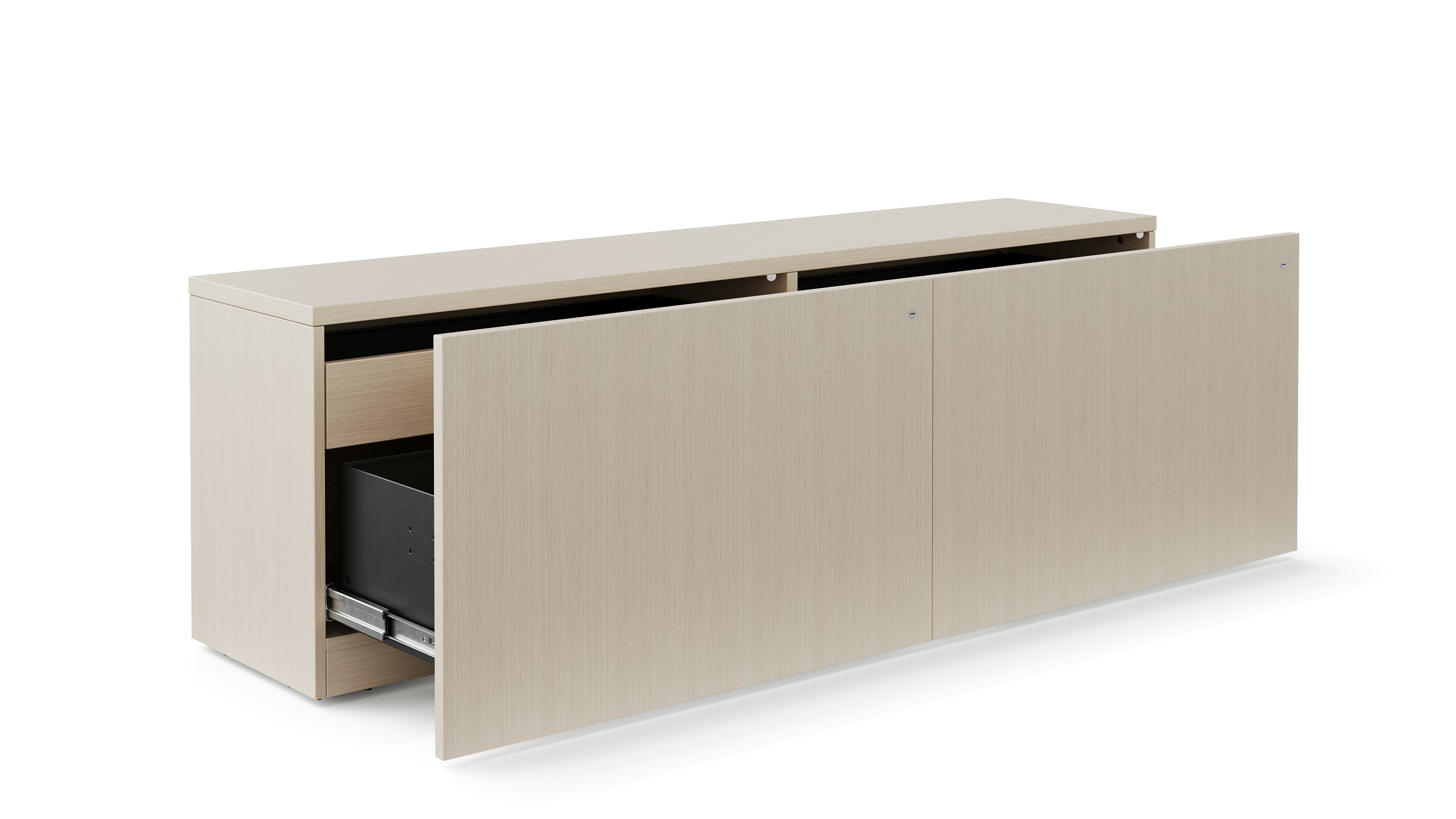 A light veneered credenza is shown with the sliding doors slightly open.