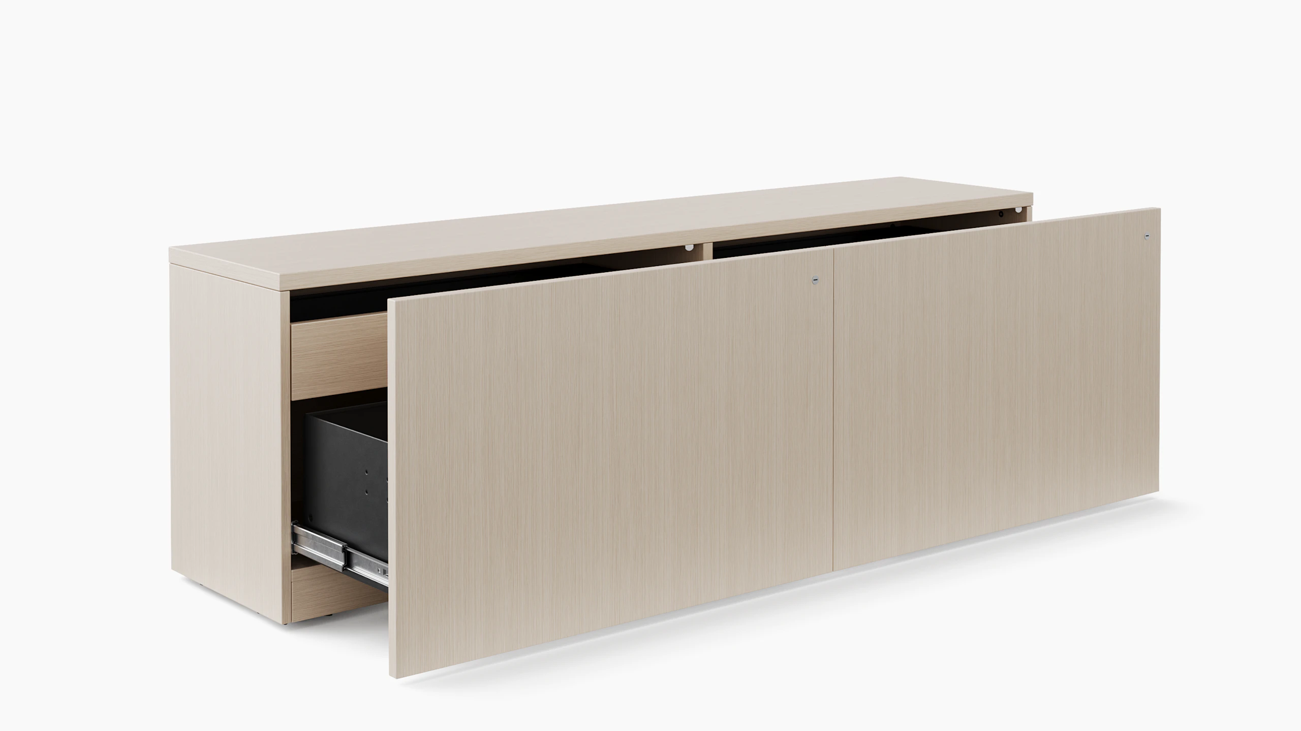 A light veneered credenza is shown with the sliding doors slightly open.