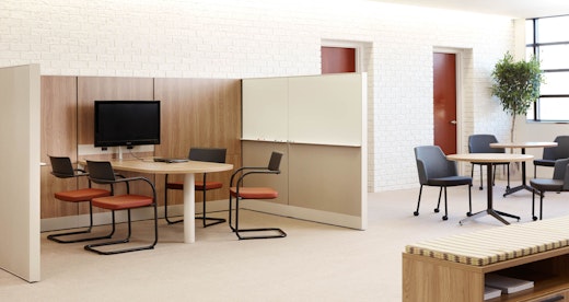 laminate fronts wood grain laminate marker board panels beltway power round café table column leg x-base credenza storage 