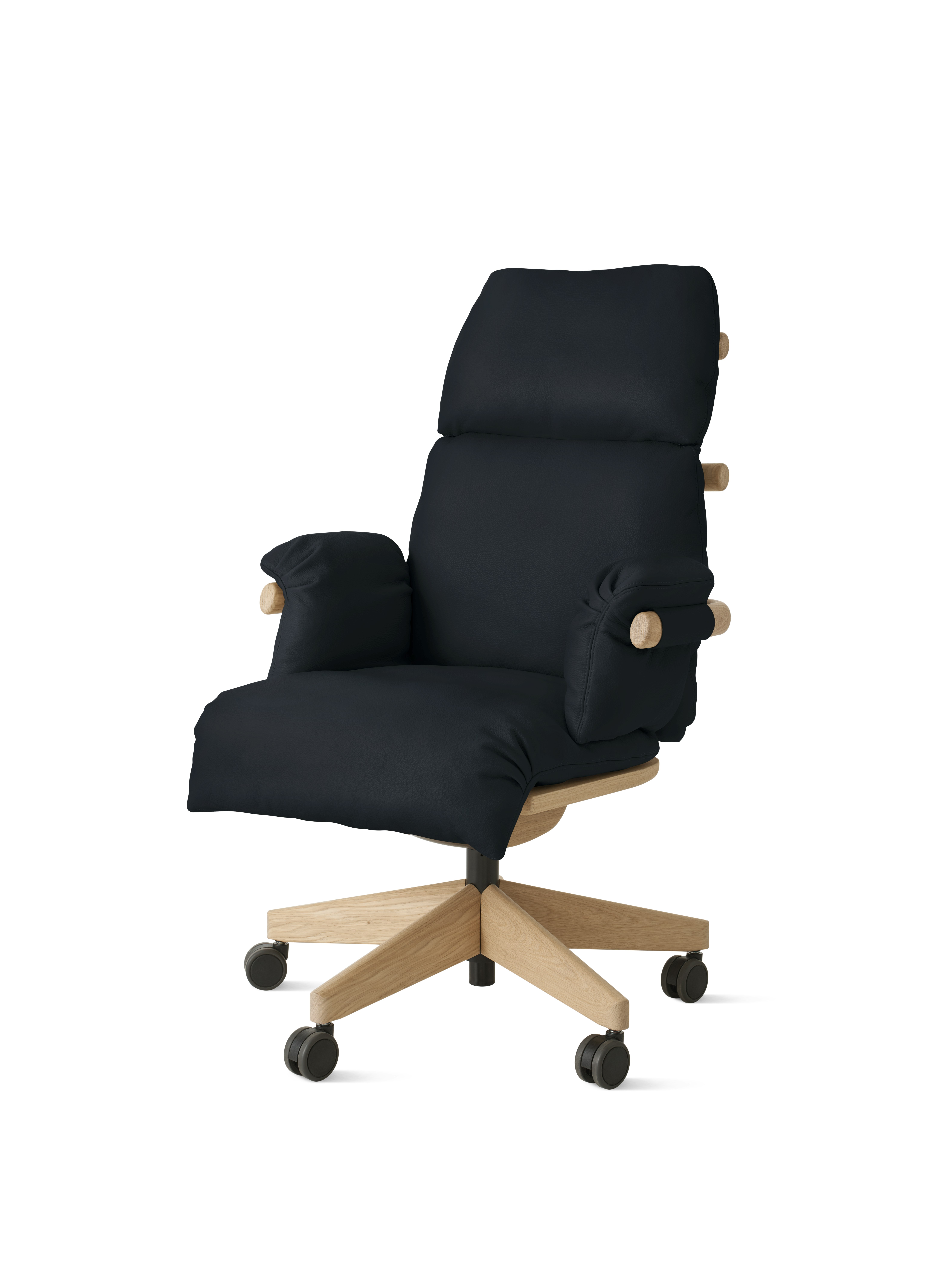 Ramus Chair - High Back,  Comfort Leather,  Black,  Oak,  Satin Brass,  Hard Floor Caster