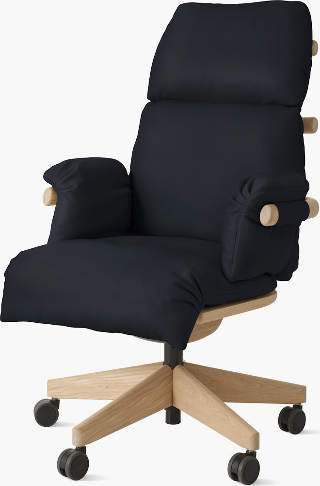 Ramus Chair - High Back,  Comfort Leather,  Black,  Oak,  Satin Brass,  Hard Floor Caster
