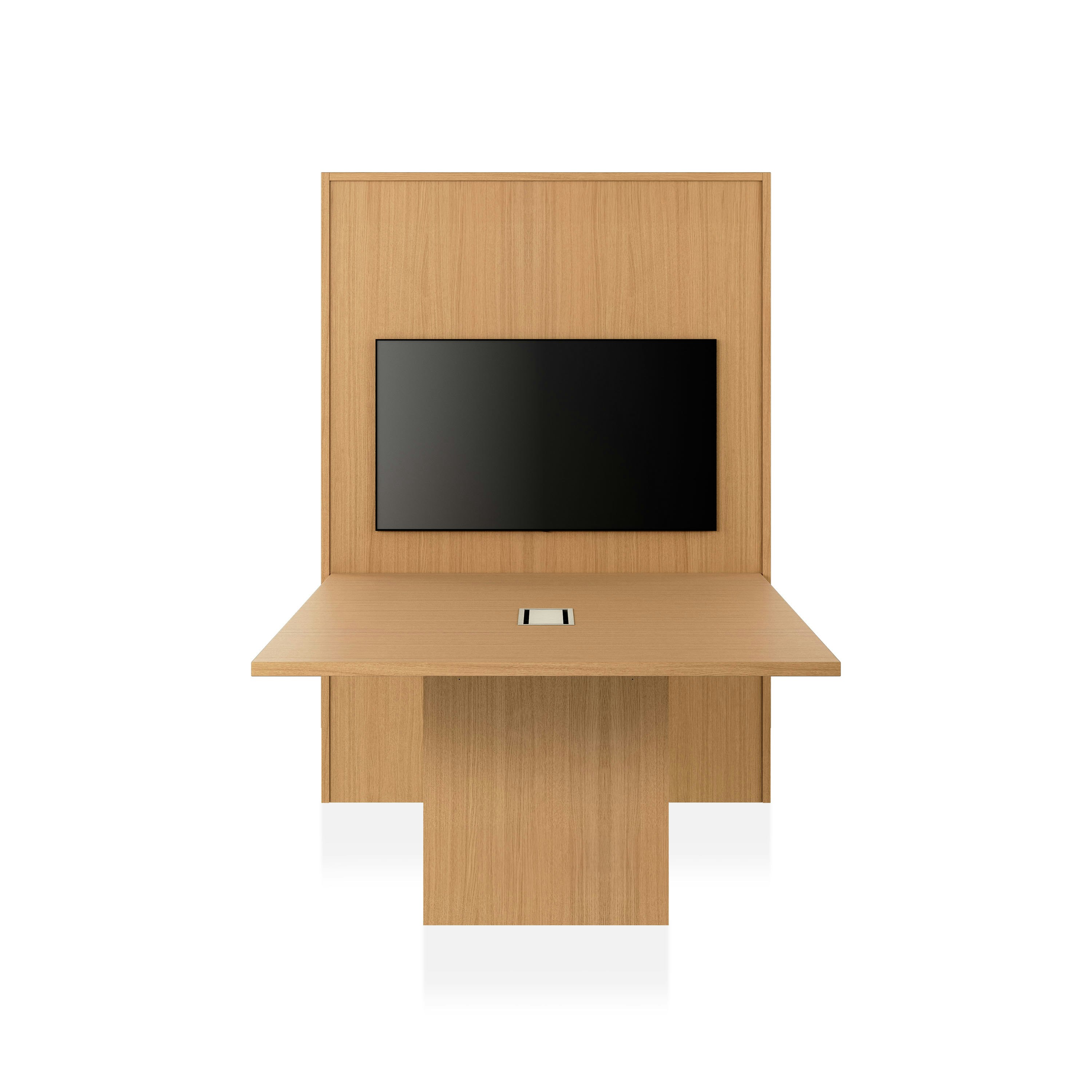 JD Media Table and Wall in Natural Rift Cut Oak with a 1 and a 1/4 inch thick top viewed from the front.