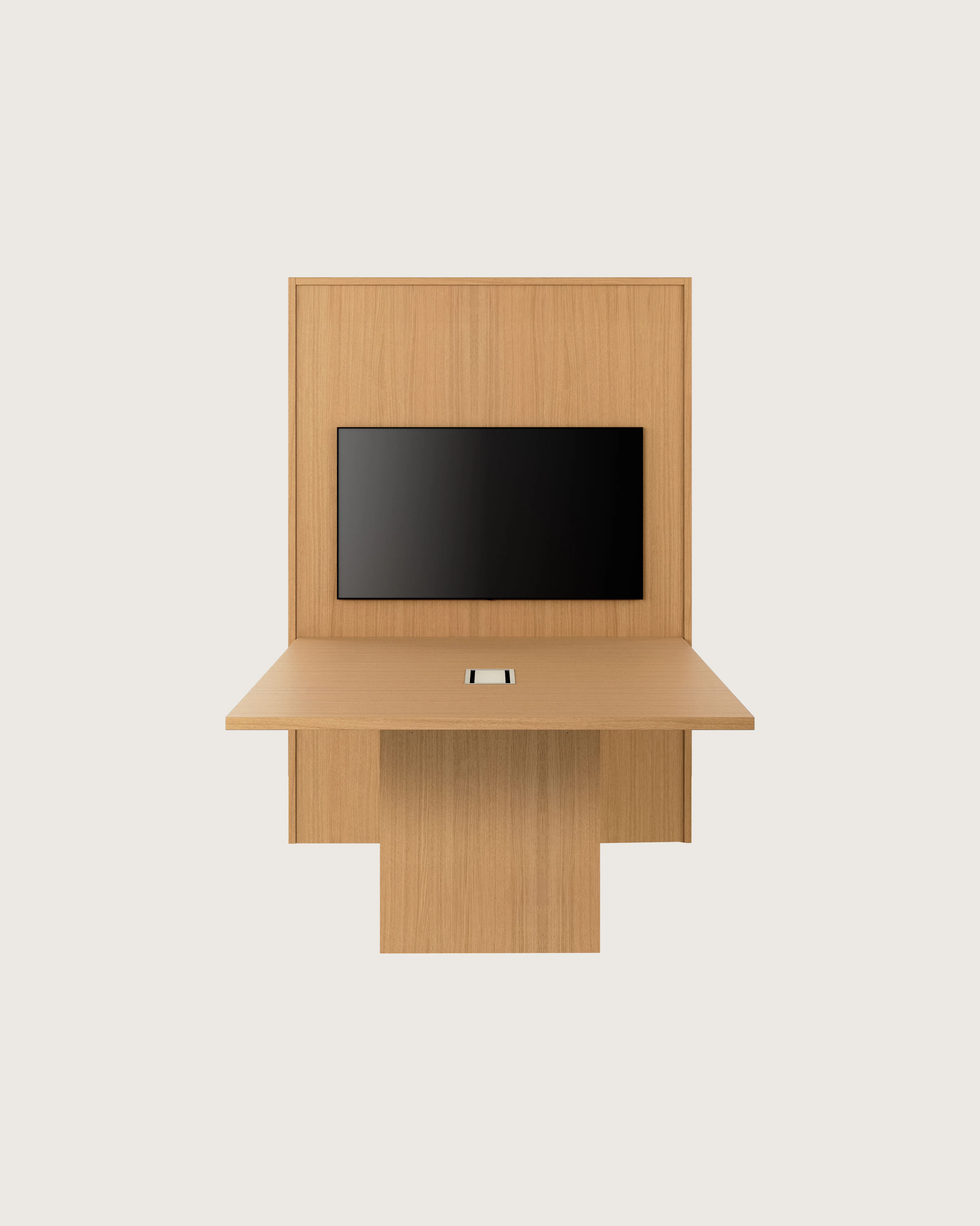 JD Media Table and Wall in Natural Rift Cut Oak with a 1 and a 1/4 inch thick top viewed from the front.