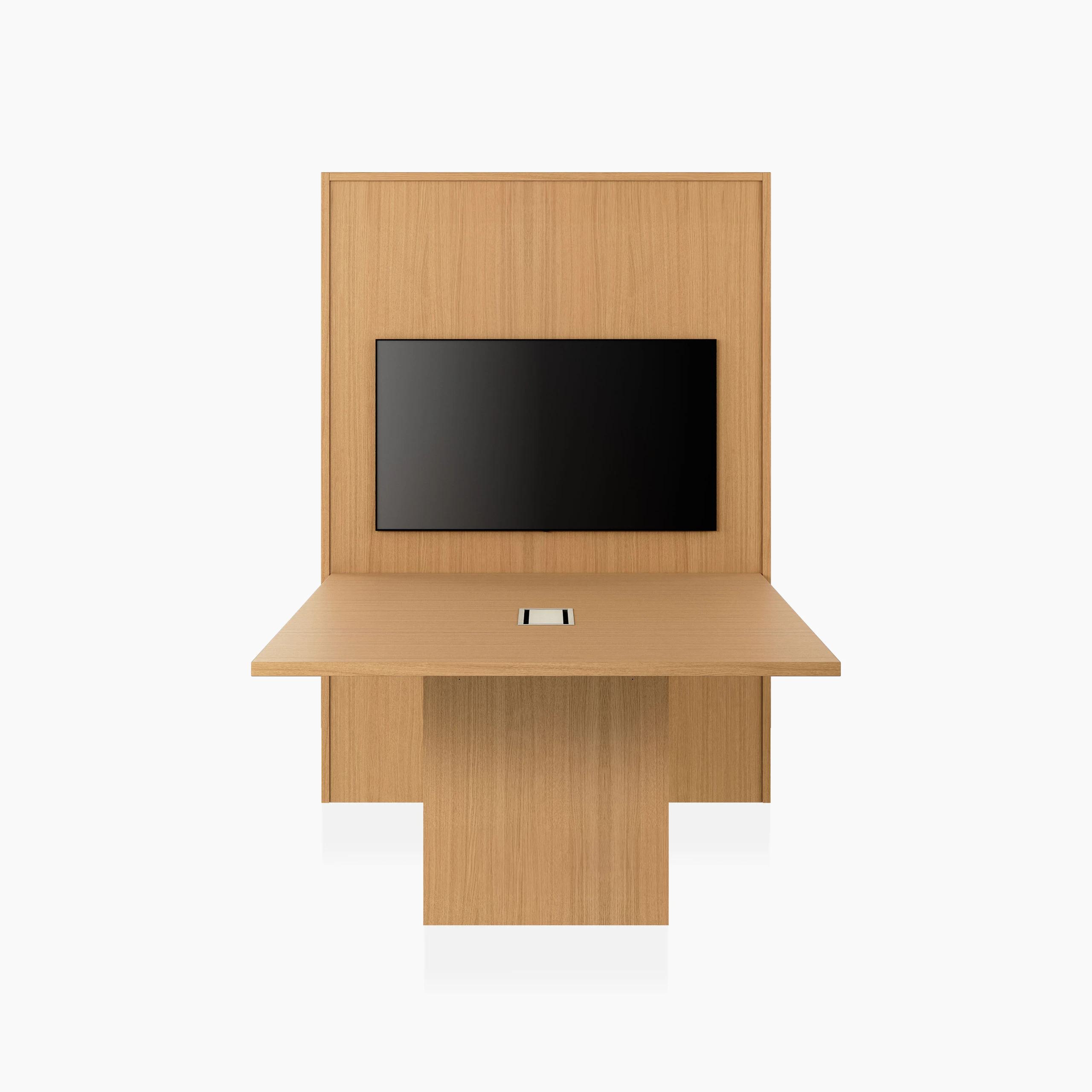 JD Media Table and Wall in Natural Rift Cut Oak with a 1 and a 1/4 inch thick top viewed from the front.