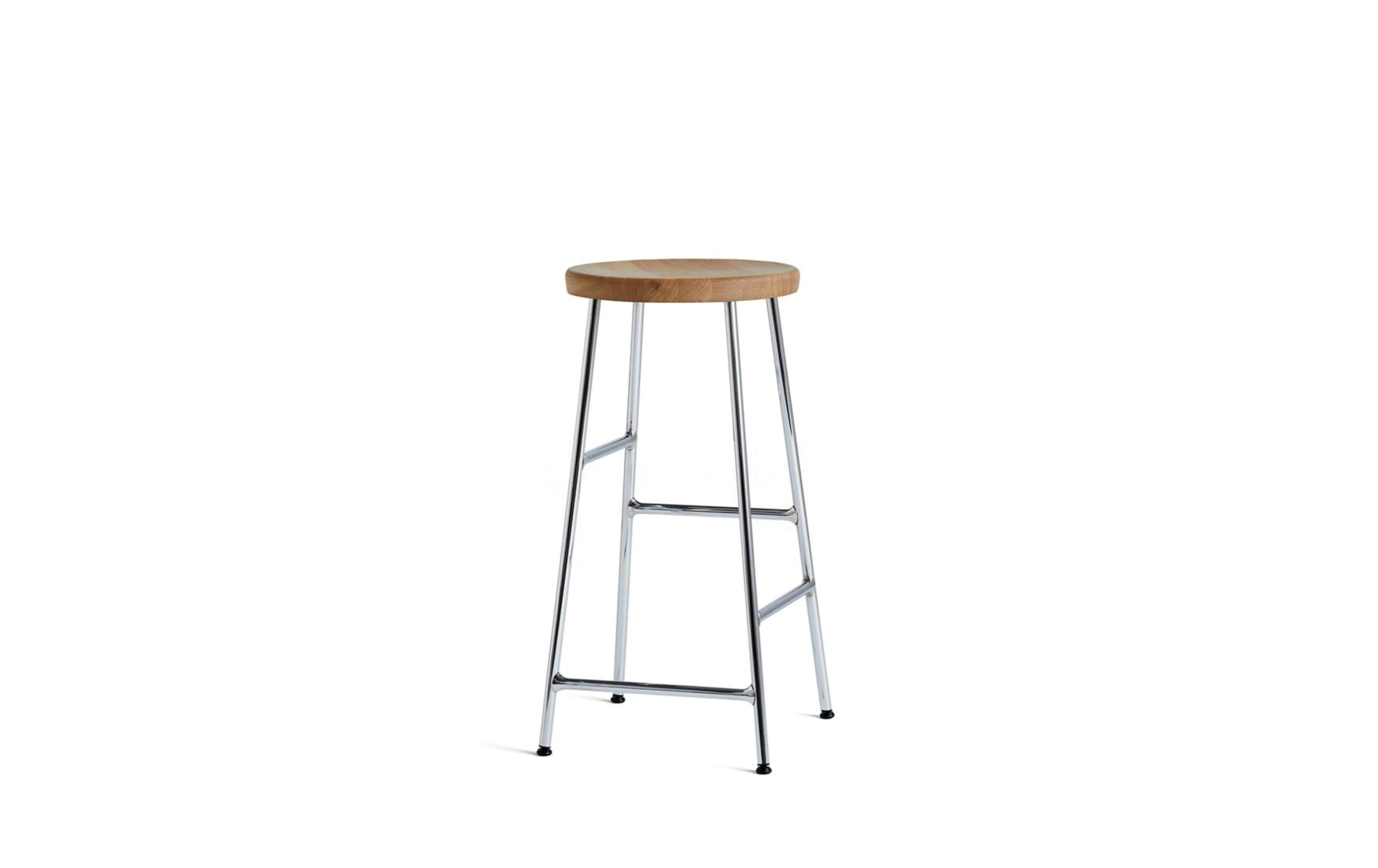 A Cornet Counter Stool with an oak seat and chrome base.