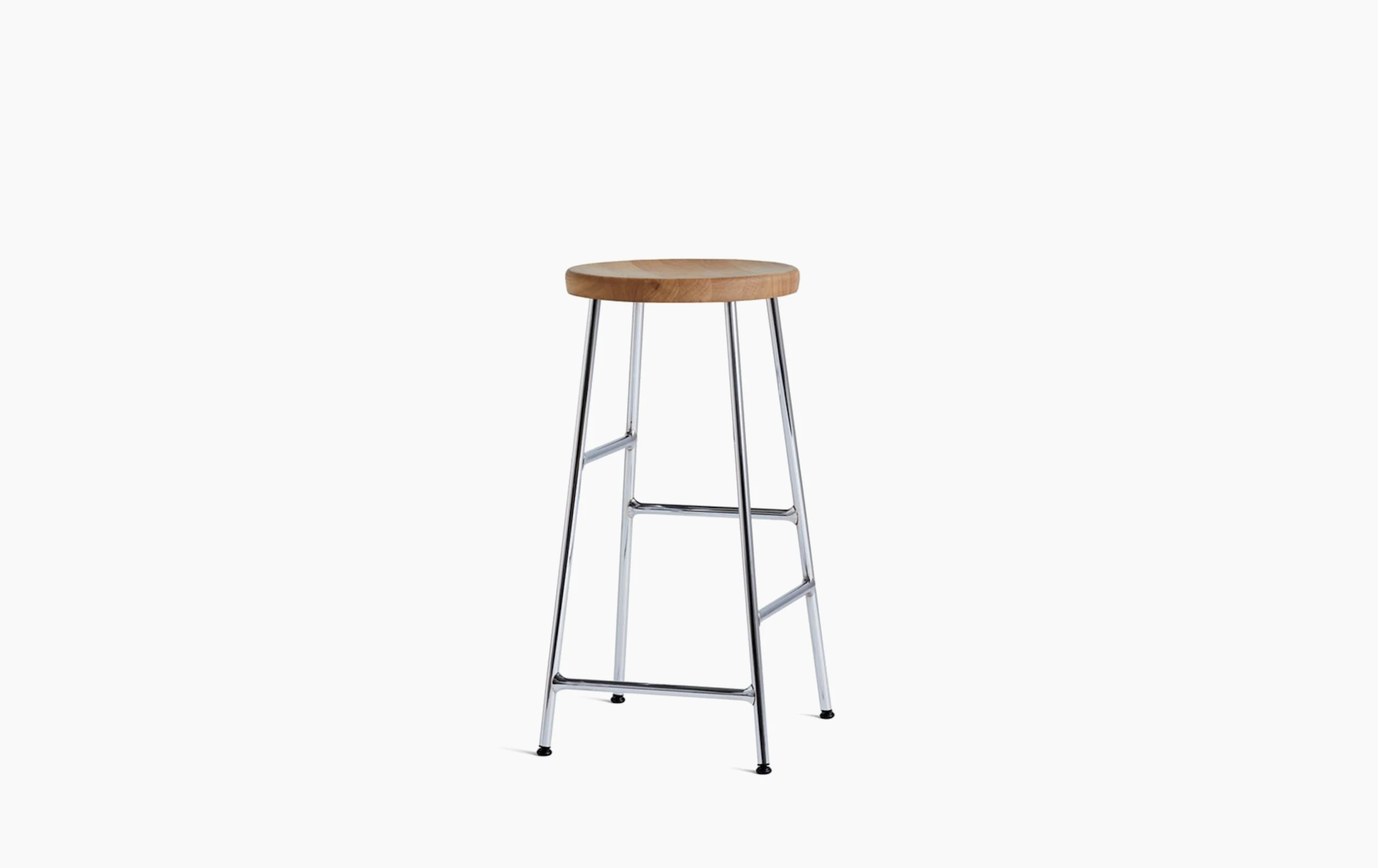 A Cornet Counter Stool with an oak seat and chrome base.