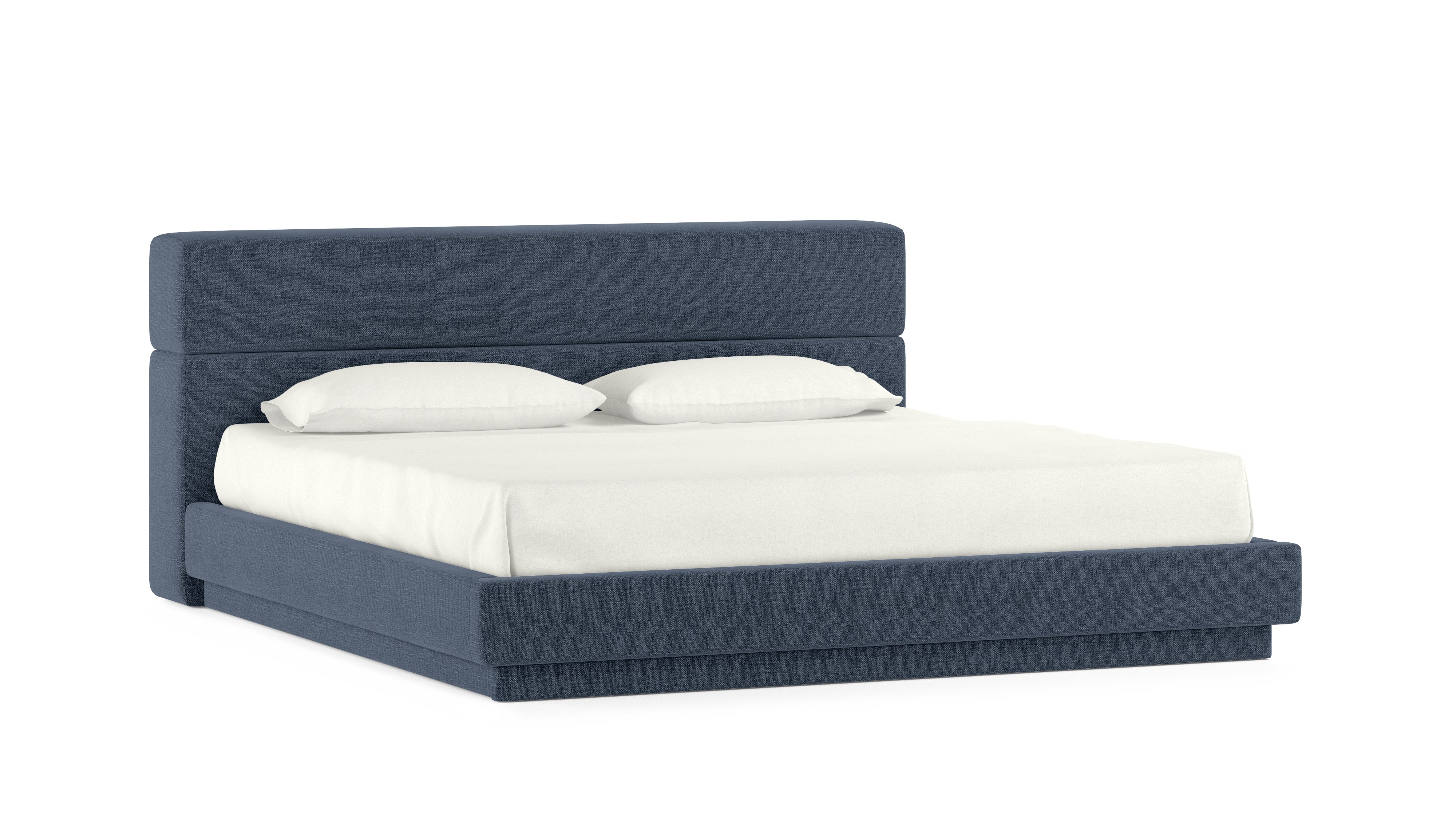 A Corbel Bed - Queen, No Storage, Crypton Robusta, Blue viewed from an angle.