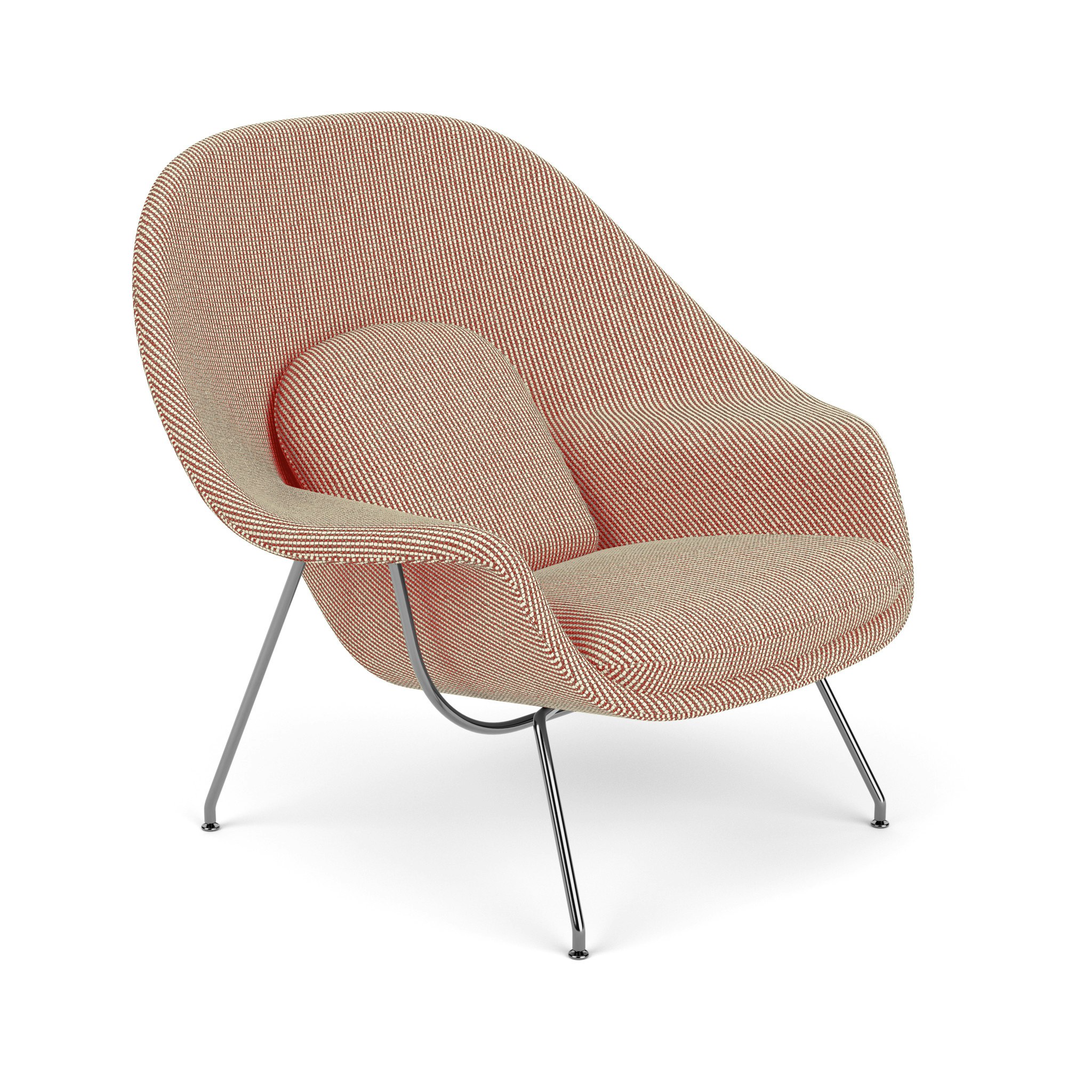 A Womb Chair in Cato, Peony upholstery with Polished Chrome base/finish viewed from an angle.