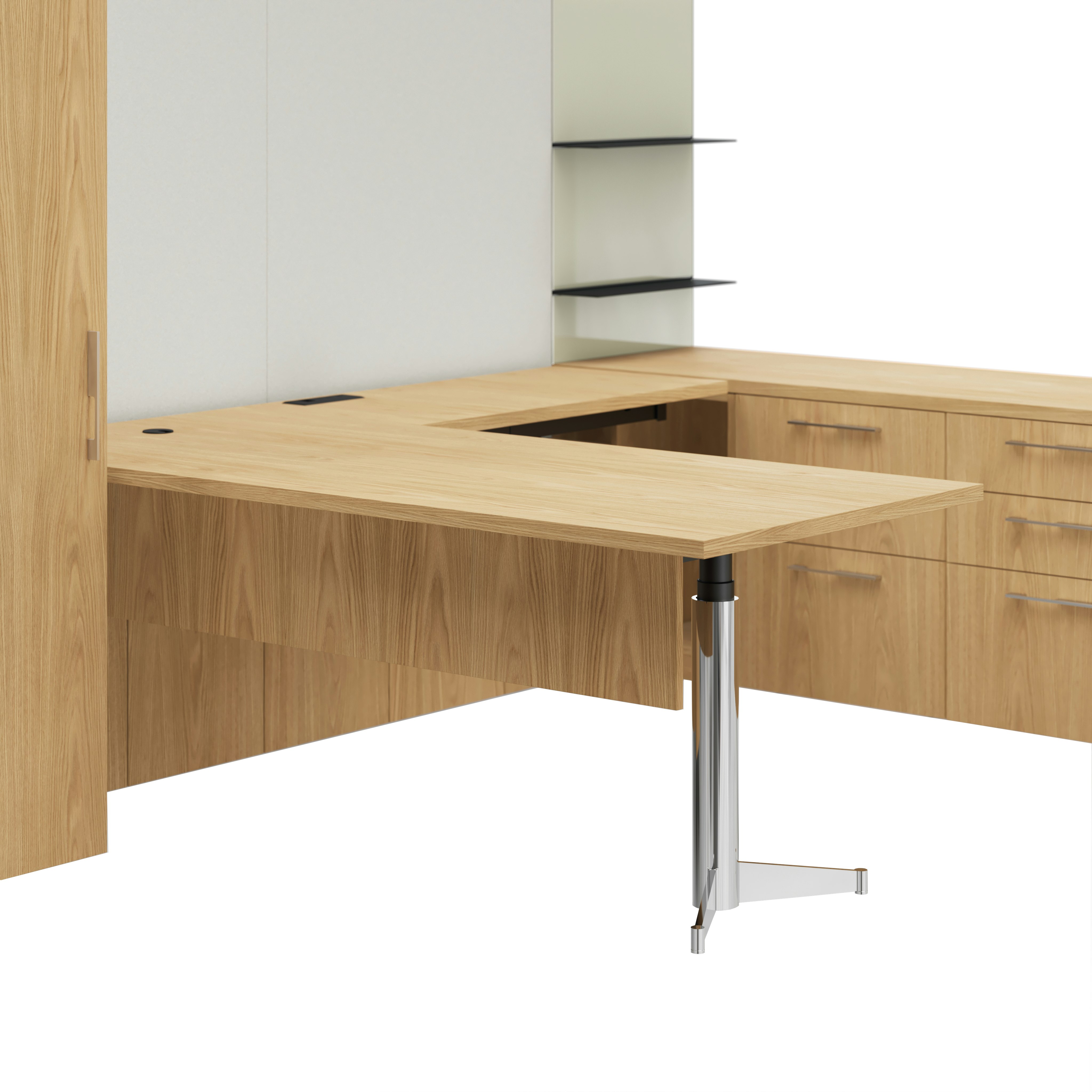Detail shot of the Geiger One Casegoods MP leg option with a black interior and chrome outer base in a Natural Flat Cut Oak private office.