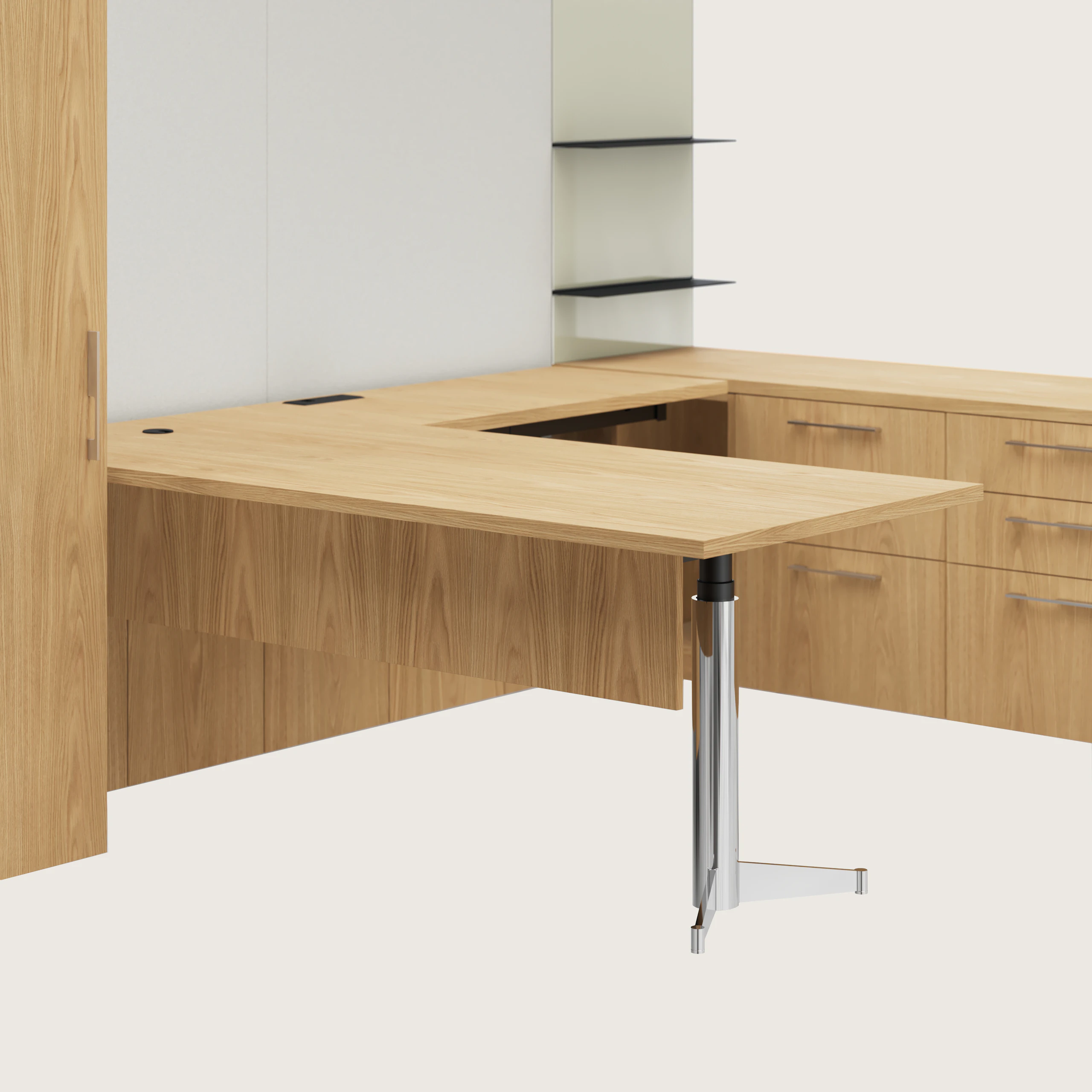 Detail shot of the Geiger One Casegoods MP leg option with a black interior and chrome outer base in a Natural Flat Cut Oak private office.