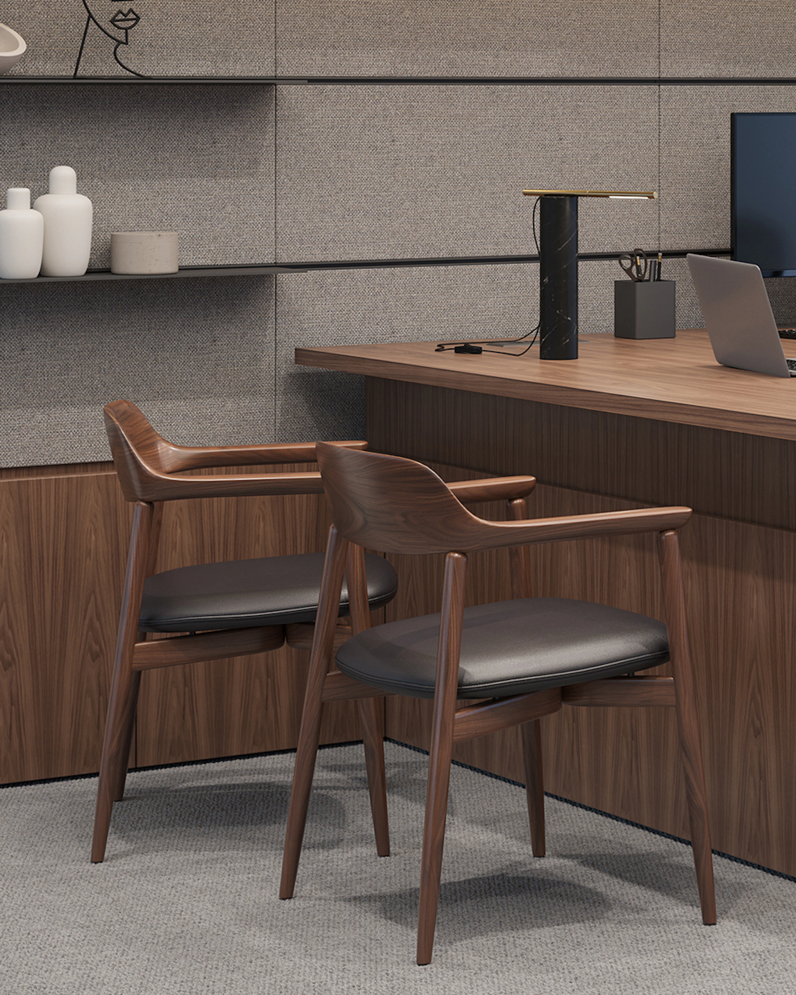 Geiger One Private Office in Natural Walnut with Aeron Task Chair and Crosshatch Side Chairs.