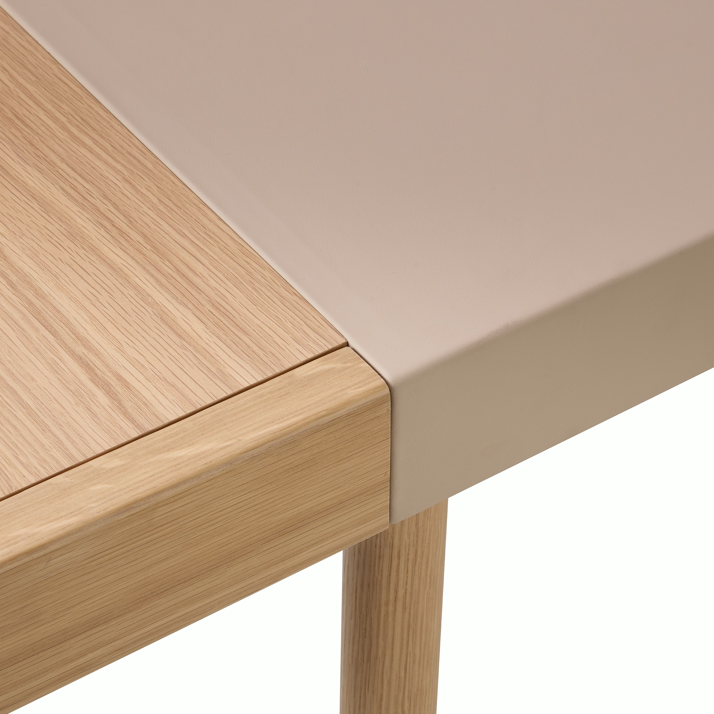 New Canaan Leatherwrap Sit-to-Stand Desk in Oak and Champagne Leather, detail showing seamless blending of Leather, Solid Wood and Veneer.