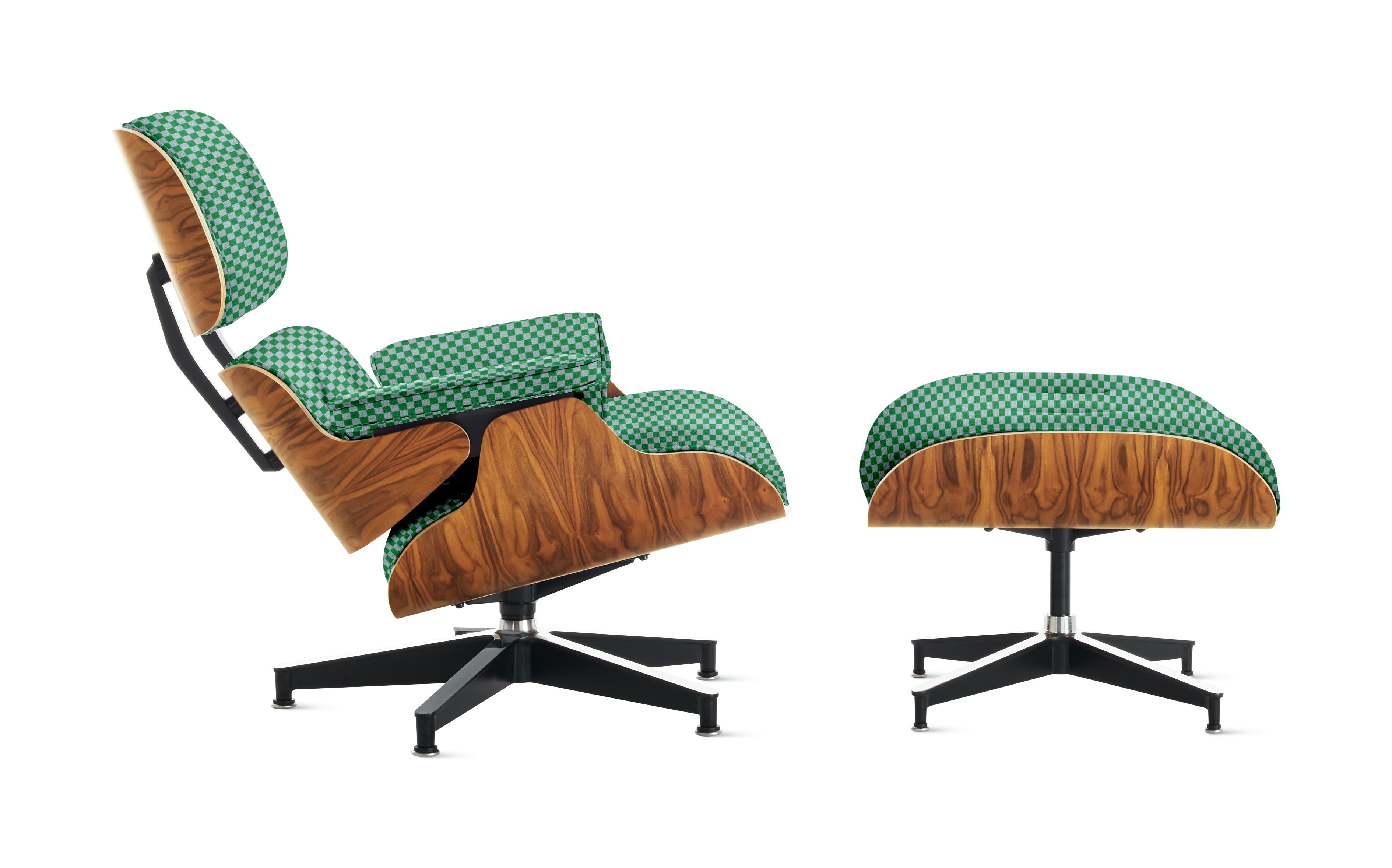 Eames Lounge & Ottoman - Standard,  Santos Palisander,  Checker,  Blue Gray / Emerald