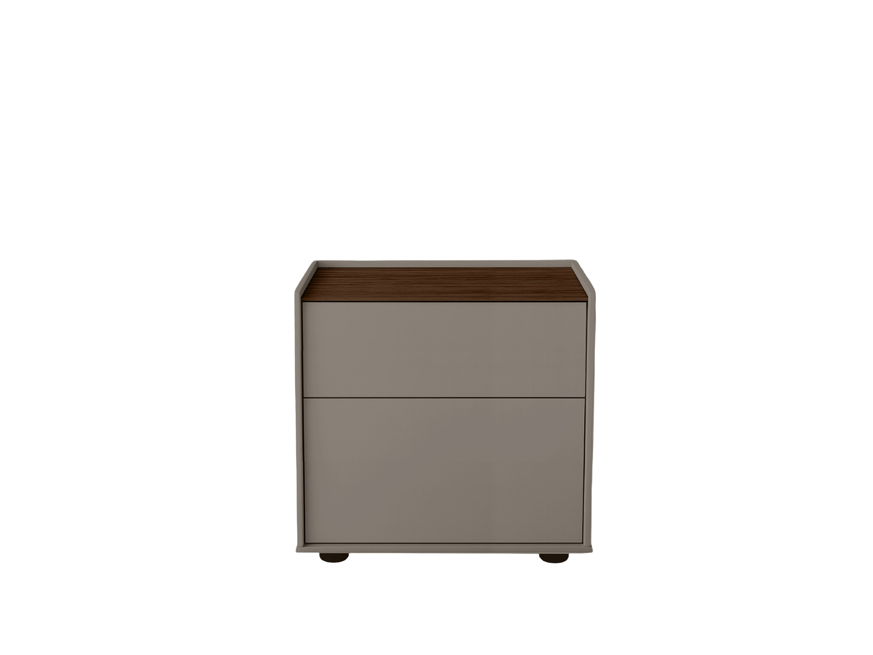A Bera Bedside Table in vision, walnut viewed from the front.