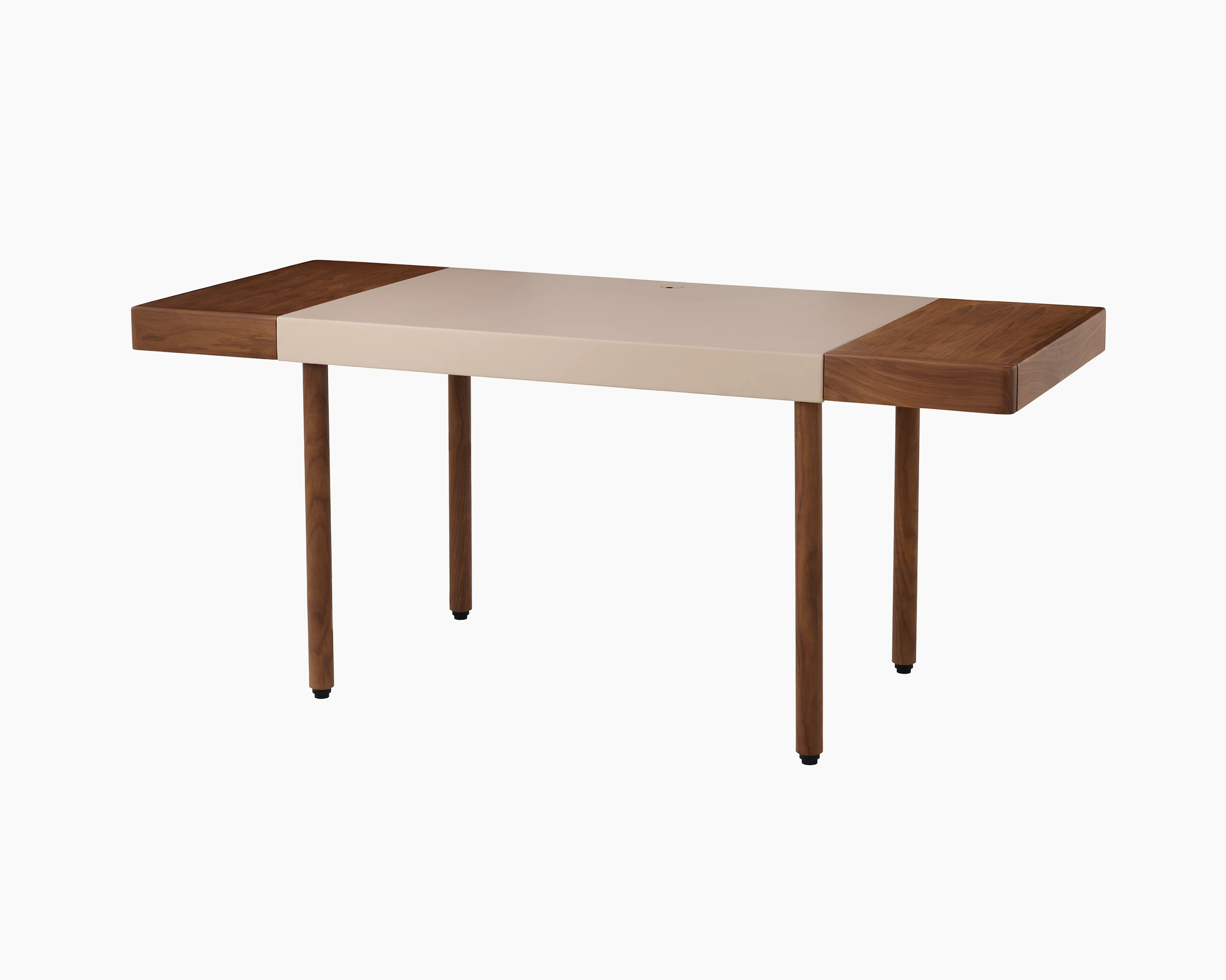 New Canaan Leatherwrap Sit-to-Stand Desk in Walnut and Champagne Leather, front view.