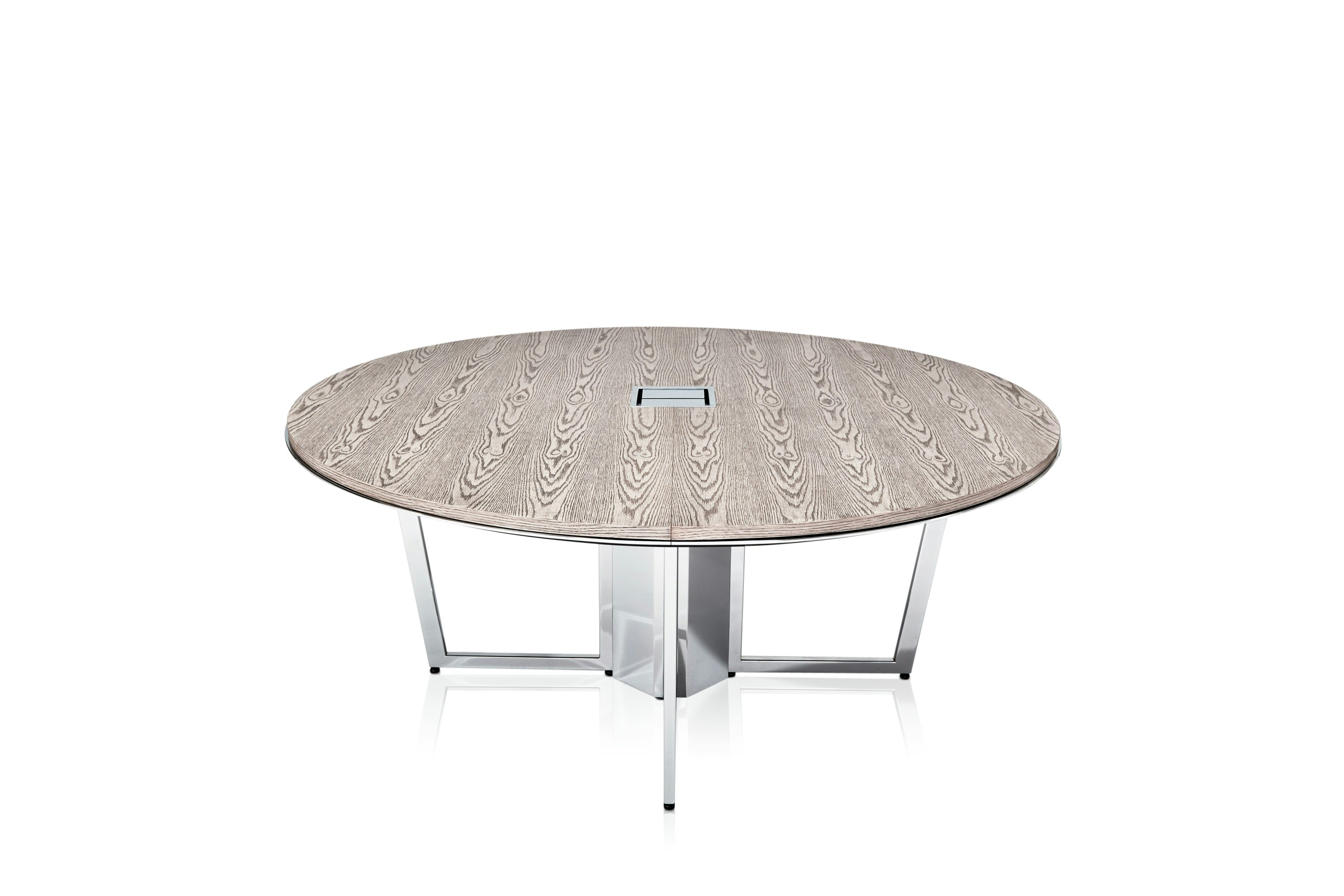 Highline Meeting Table with round Plain Sliced Grey Ceruse White Oak top, table top technology, front view.