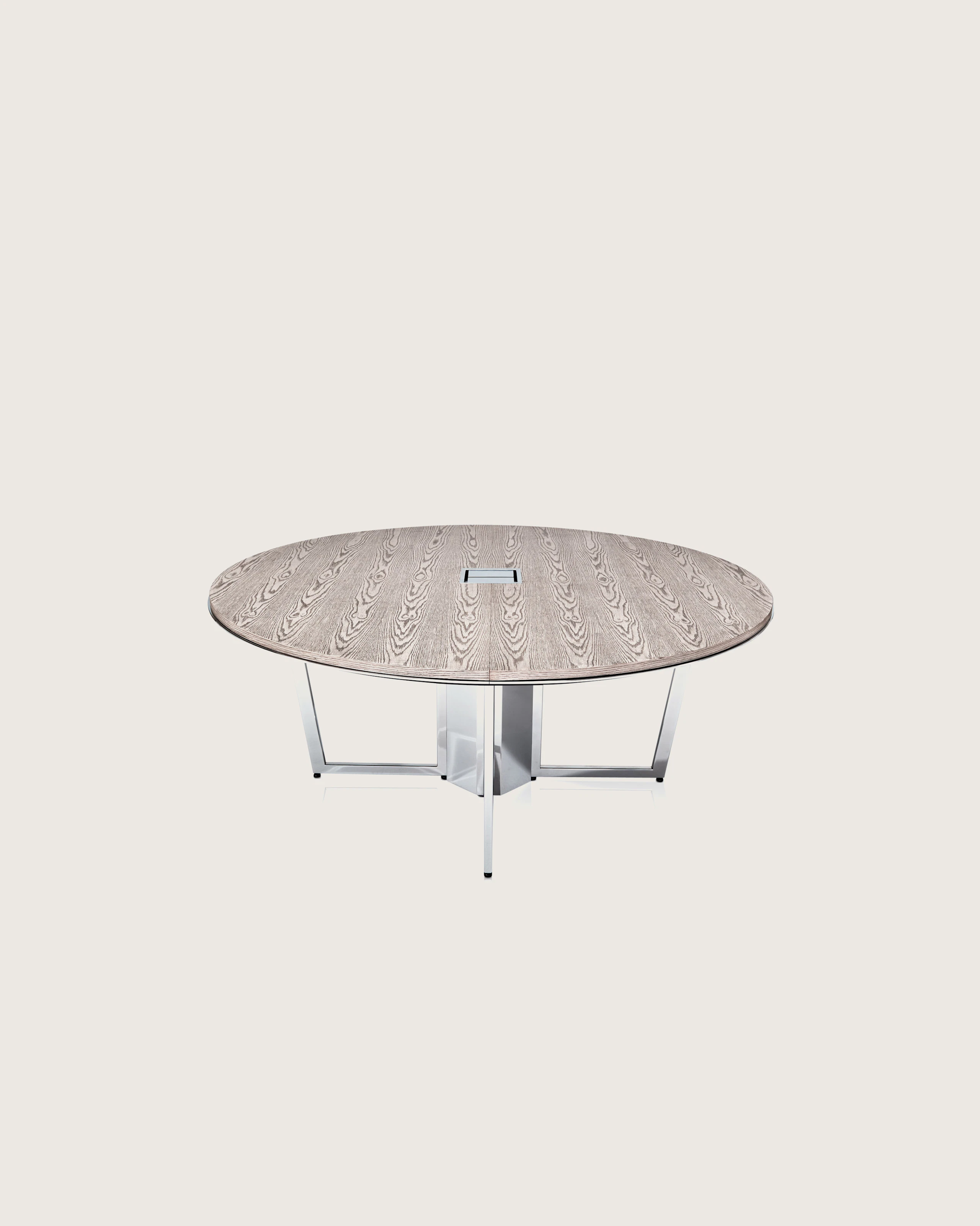Highline Meeting Table with round Plain Sliced Grey Ceruse White Oak top, table top technology, front view.