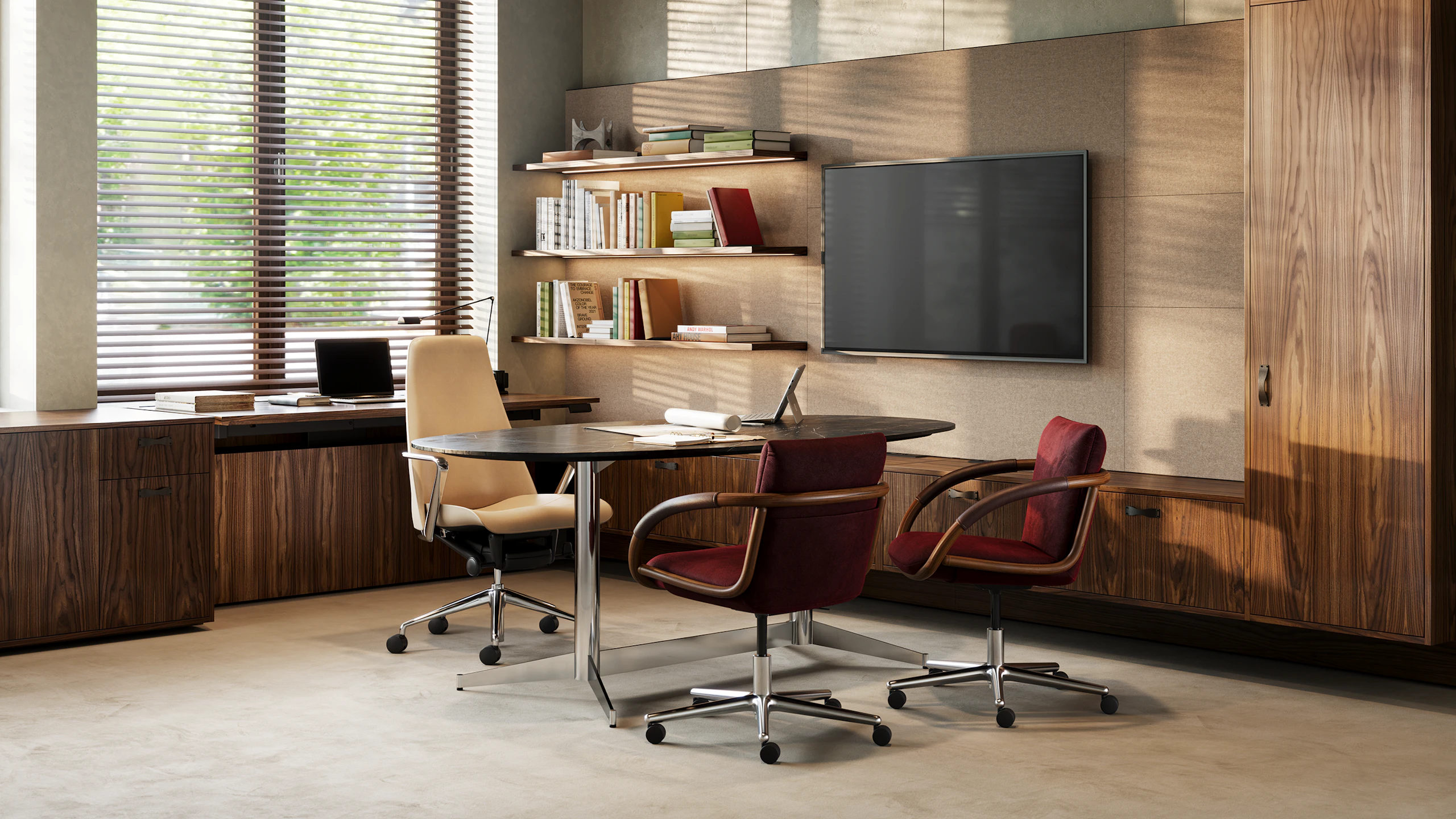 Geiger One Private Office in Persian Flat Cut Walnut with an oblong MP Desk, Taper Chair, and two Full Loop Chairs, viewed at an angle.