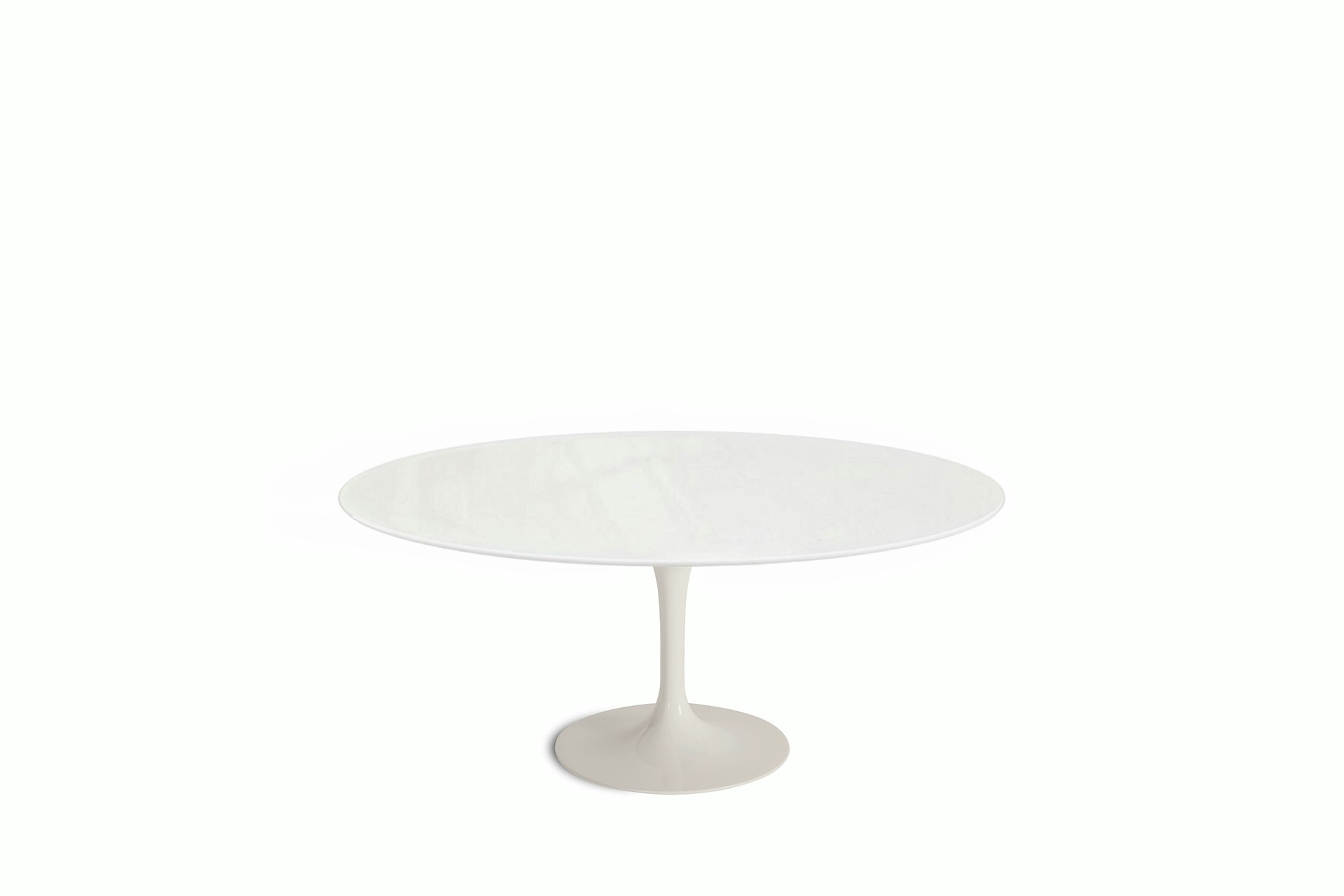 A Saarinen Coffee Table in Vetro Bianco viewed from the front.