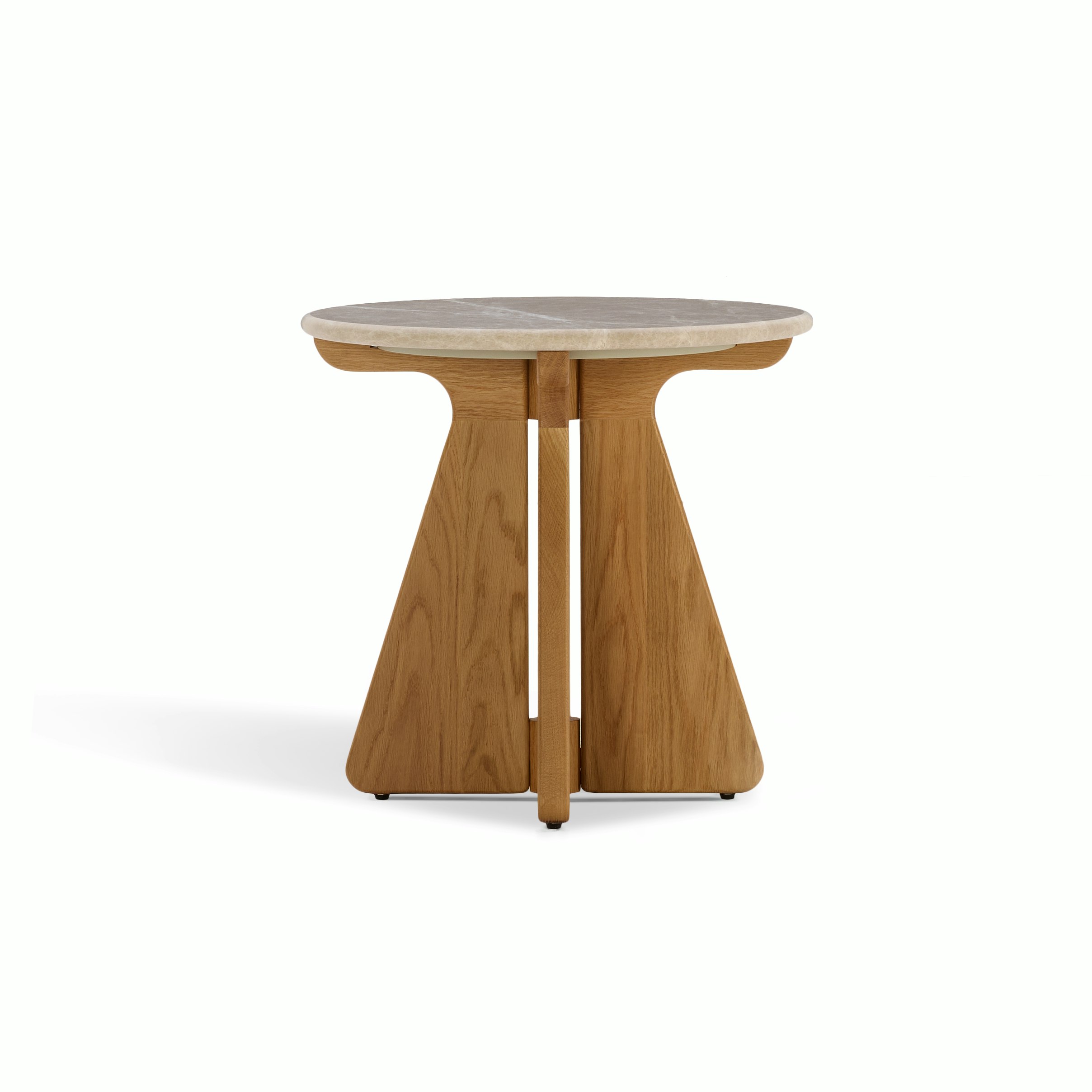 A Pinna Side Table in Emperador Oak viewed from the front.