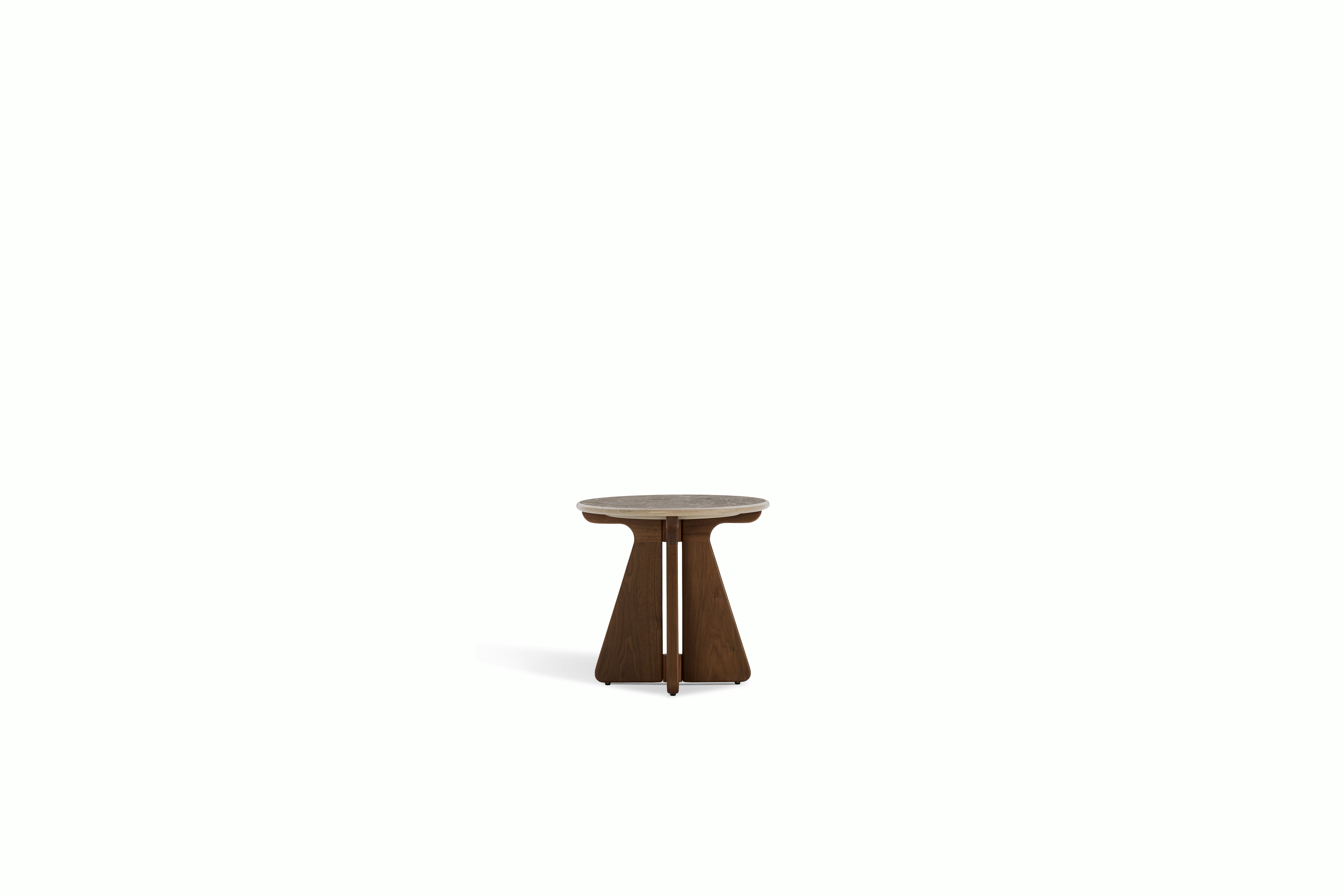A Pinna Side Table in Jura Blau Walnut viewed from the front.