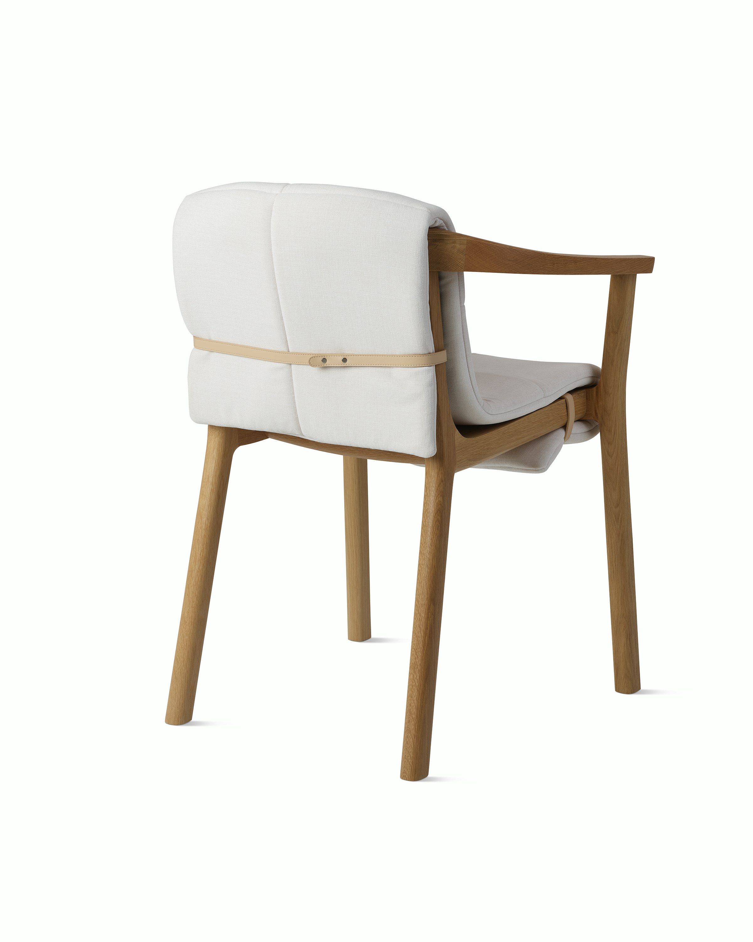 Lijn Armchair by Carole Baijings for Geiger in Natural Oak frame with quilted wrap in Vionette White Sand Mix, angled back view on a white sweep.