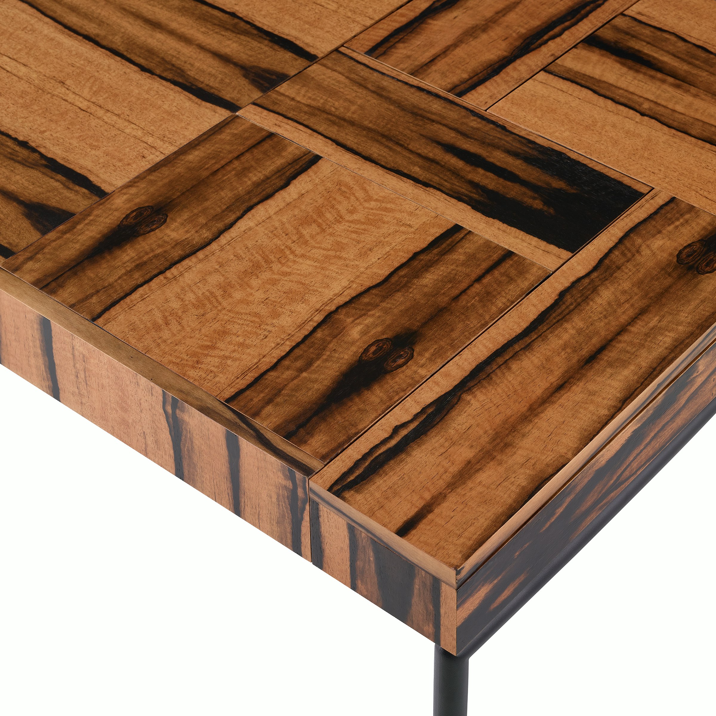 A close up of the Domino Desk showing the wood grain in different directions for the storage compartments.