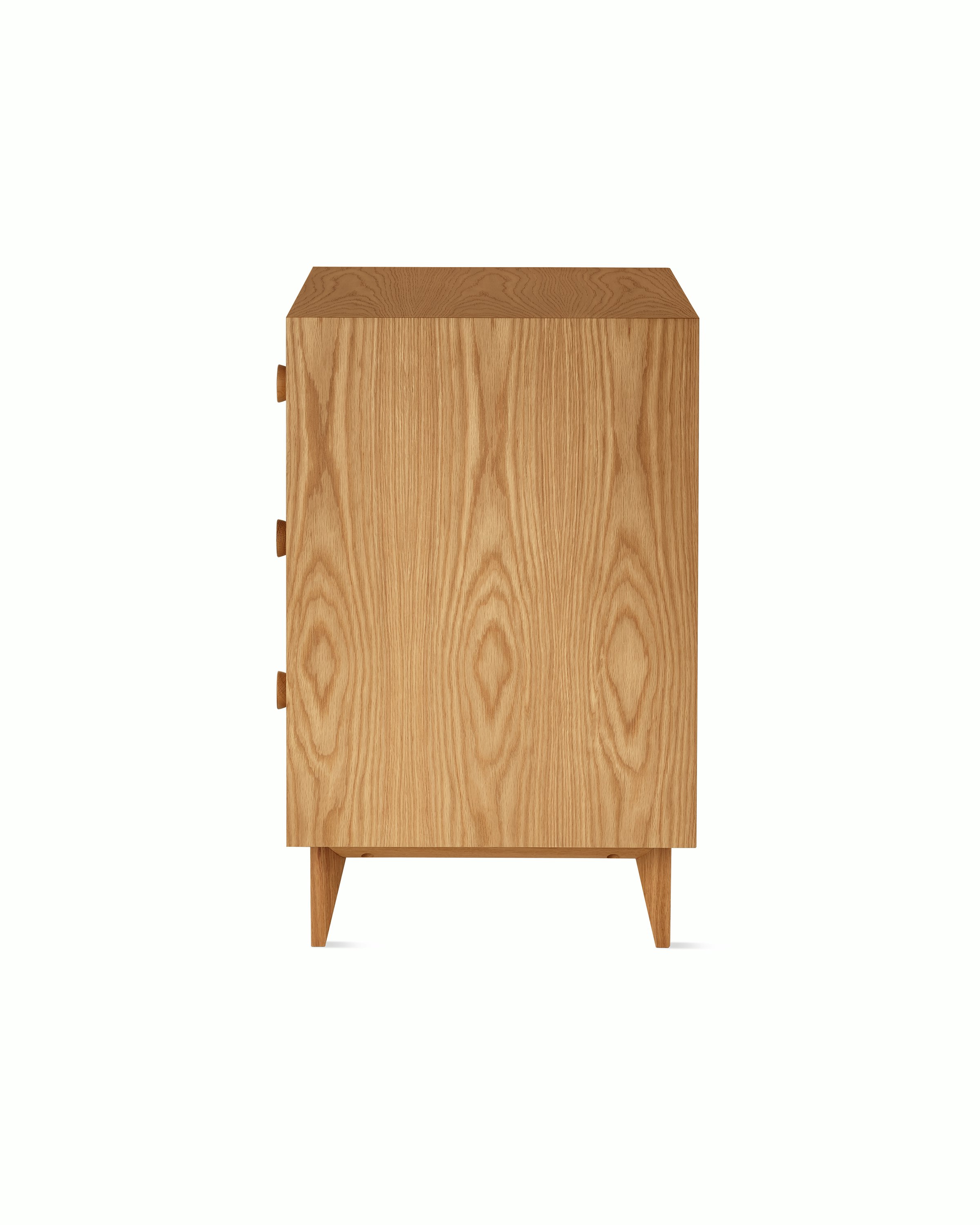 Nelson Basic Cabinet Series 3 drawer cabinet, standard square legs, cupcake pulls, in natural oak.