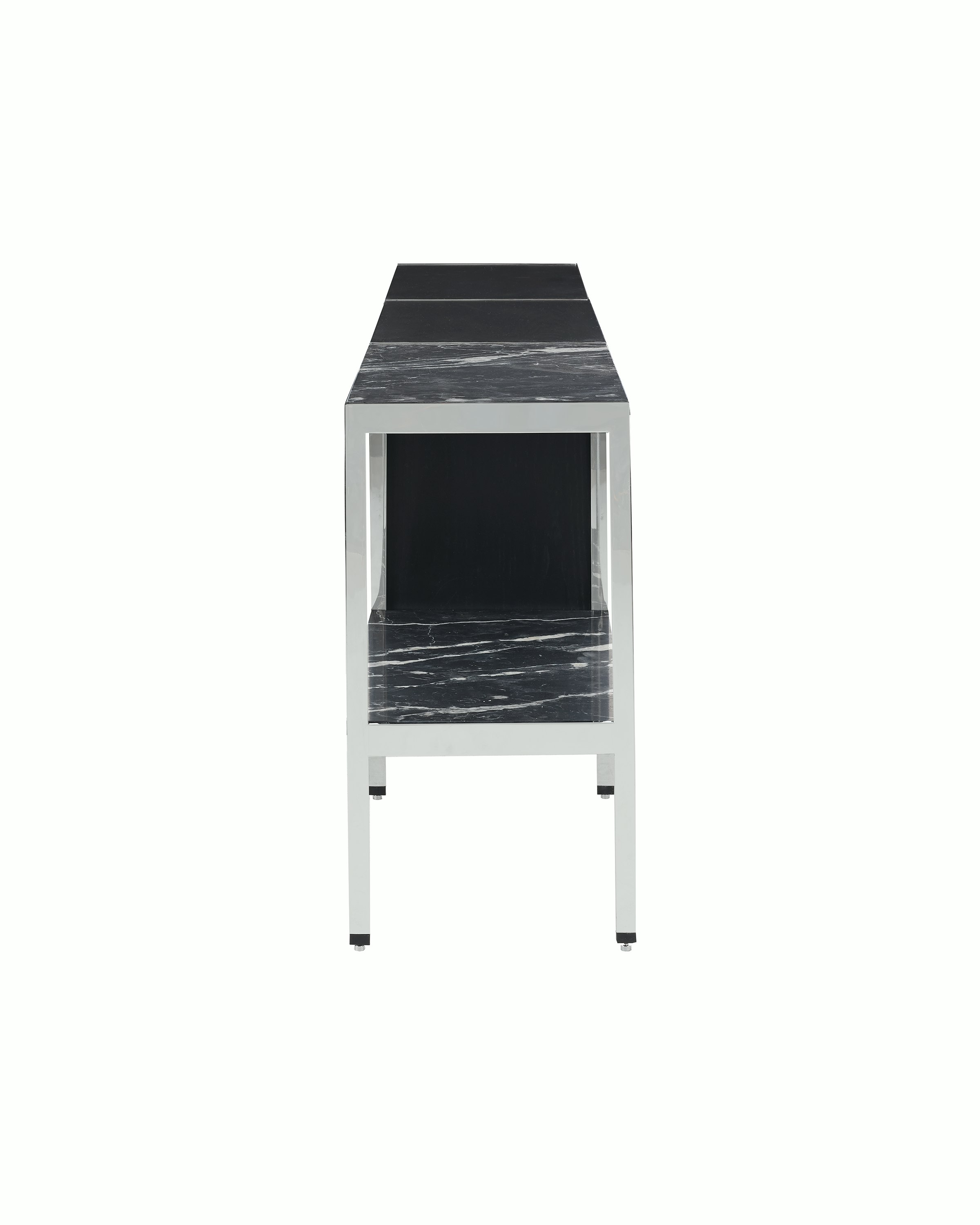H Frame Storage designed by Ward Bennett in Ebonized Ash with a polished chrome frame and a Nero Marquina top and shelf, shown in profile on a white sweep.