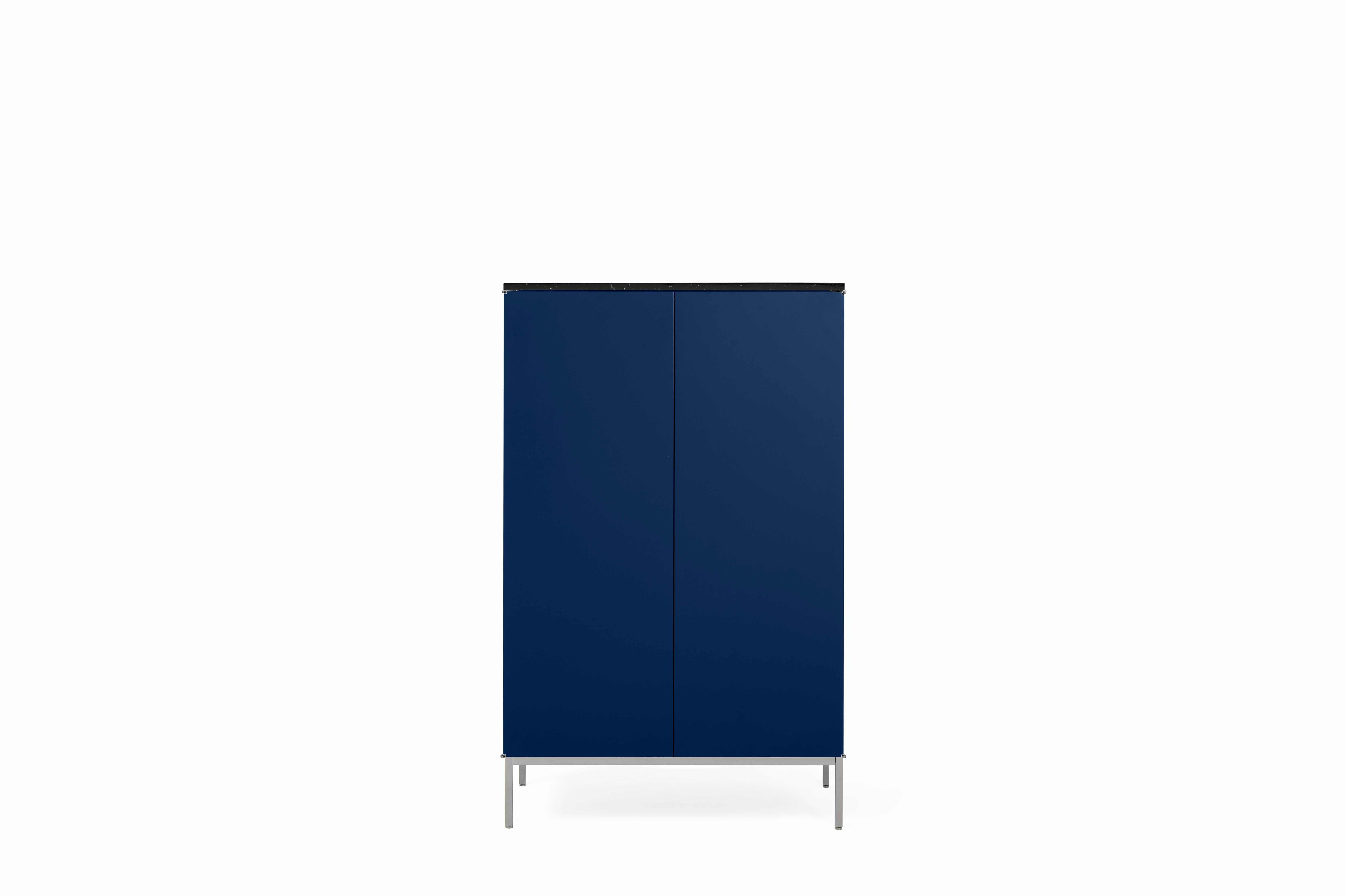 A Knoll Chermayeff Bar Cabinet in Iris Lacquer, Nero Marquina Satin Coated Marble viewed from the front.