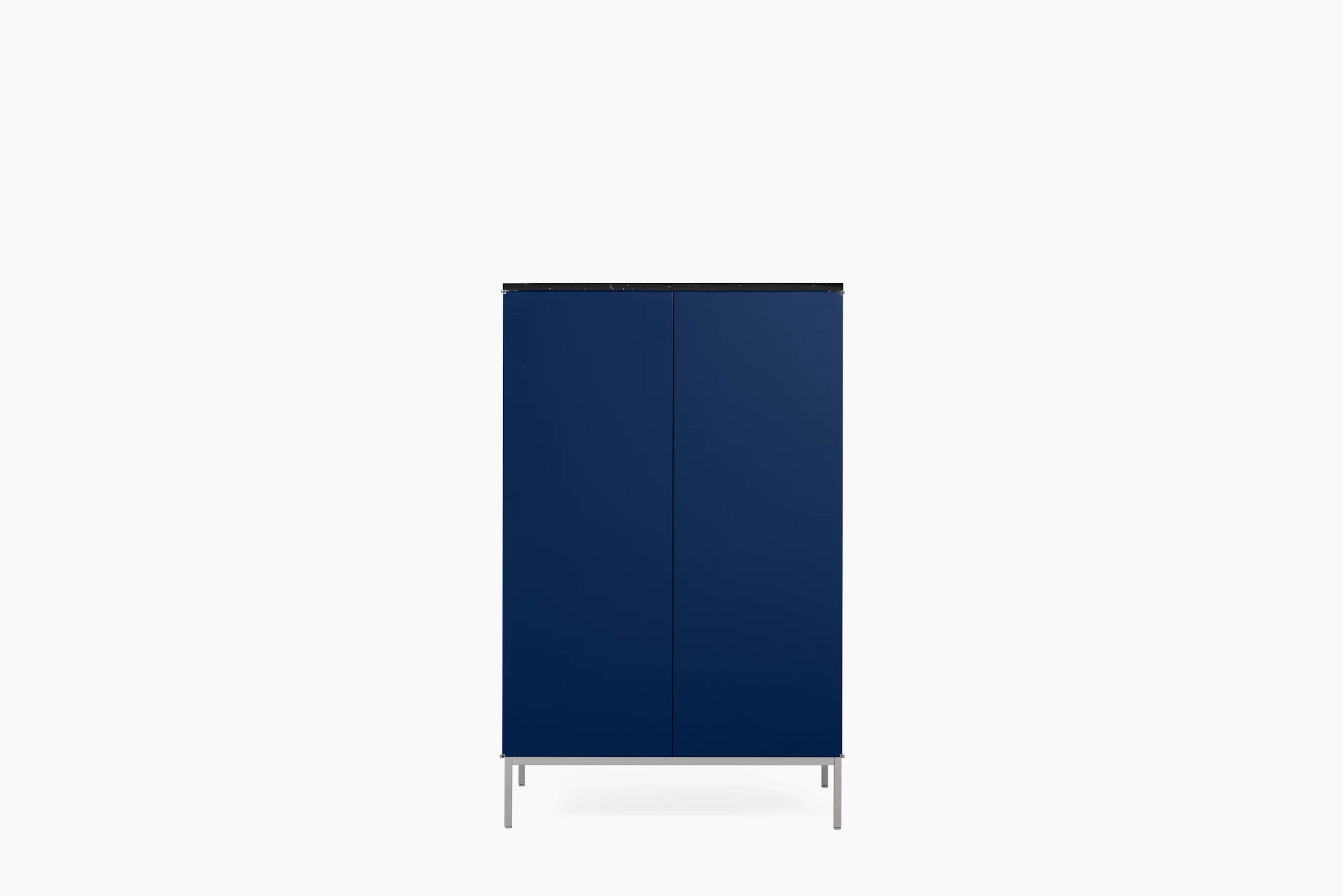 A Knoll Chermayeff Bar Cabinet in Iris Lacquer, Nero Marquina Satin Coated Marble viewed from the front.