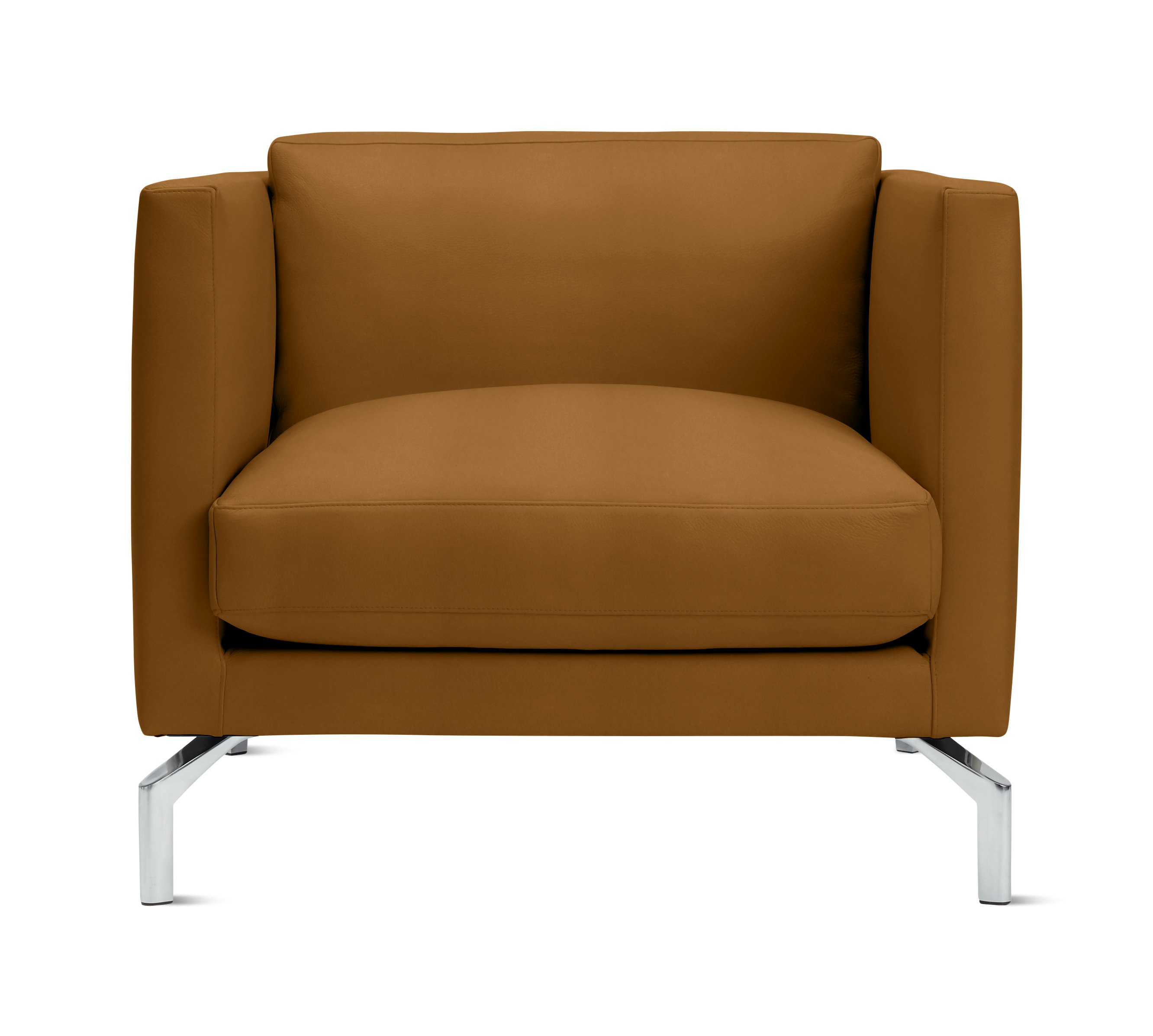 A Comolino Armchair in Crypton Sintra Velvet: Camel viewed from the front.