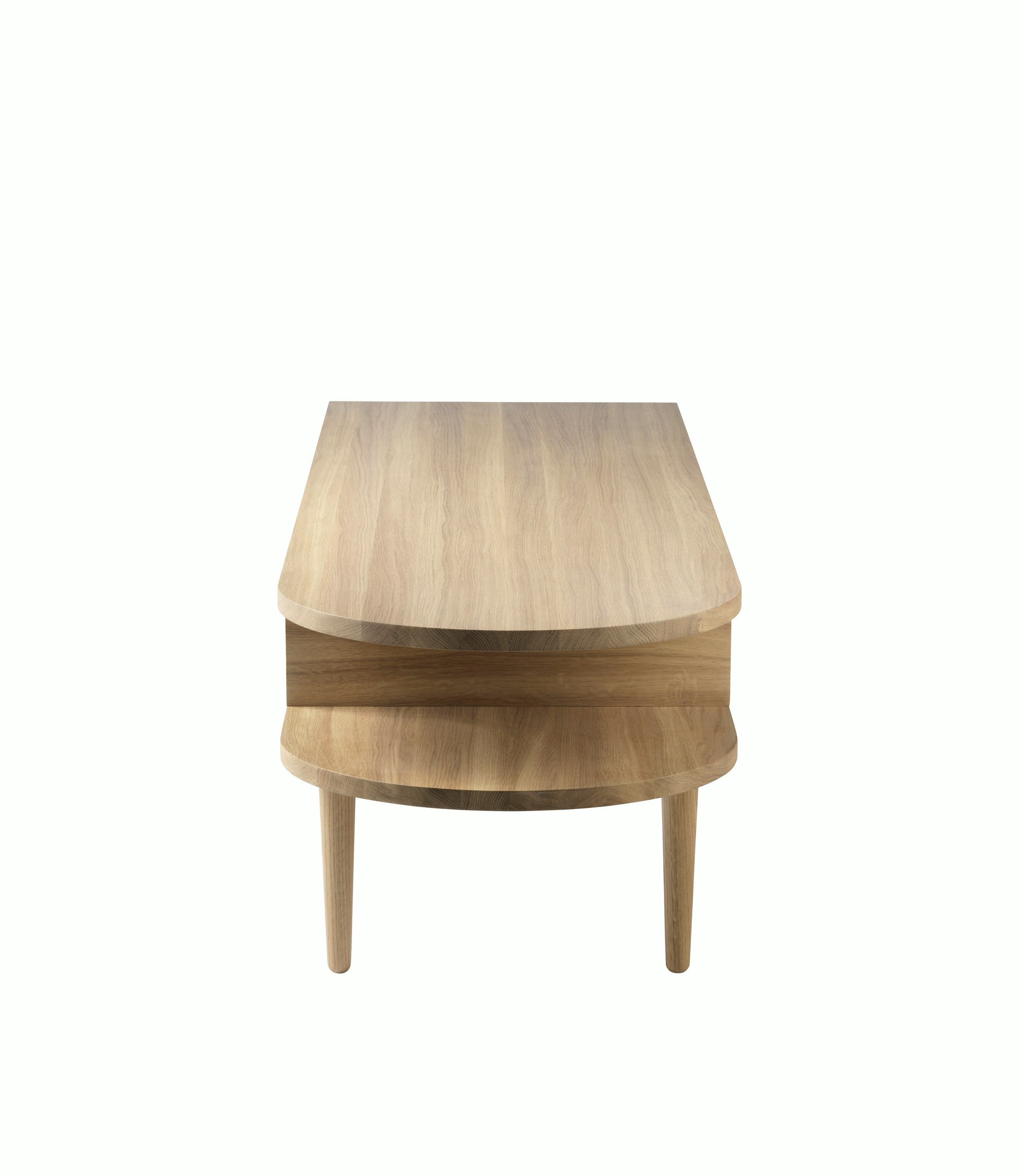 A F24 Storage Bench in Oak Natural viewed from the side.
