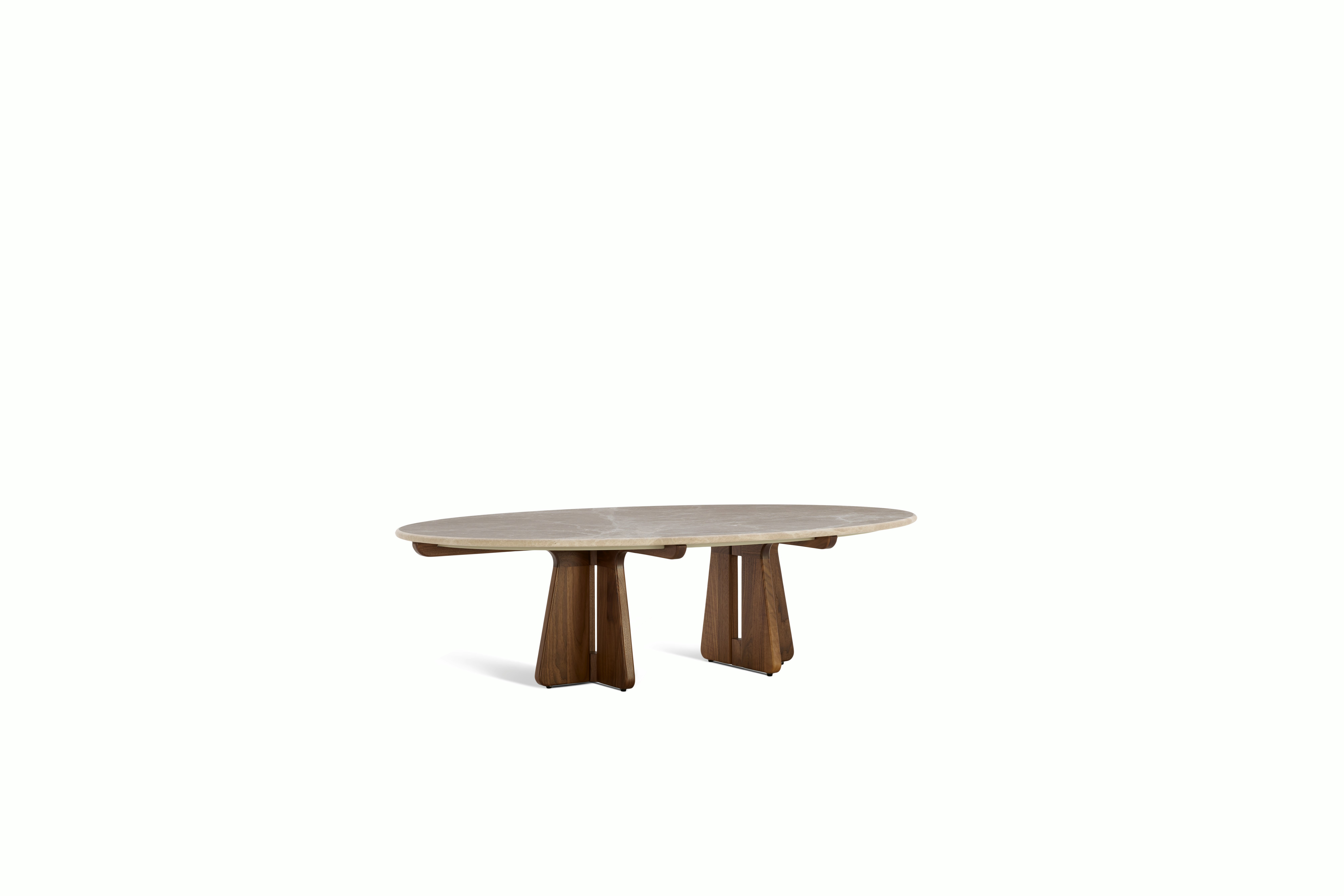 A Pinna Coffee Table in Emperador Walnut viewed from an angle.