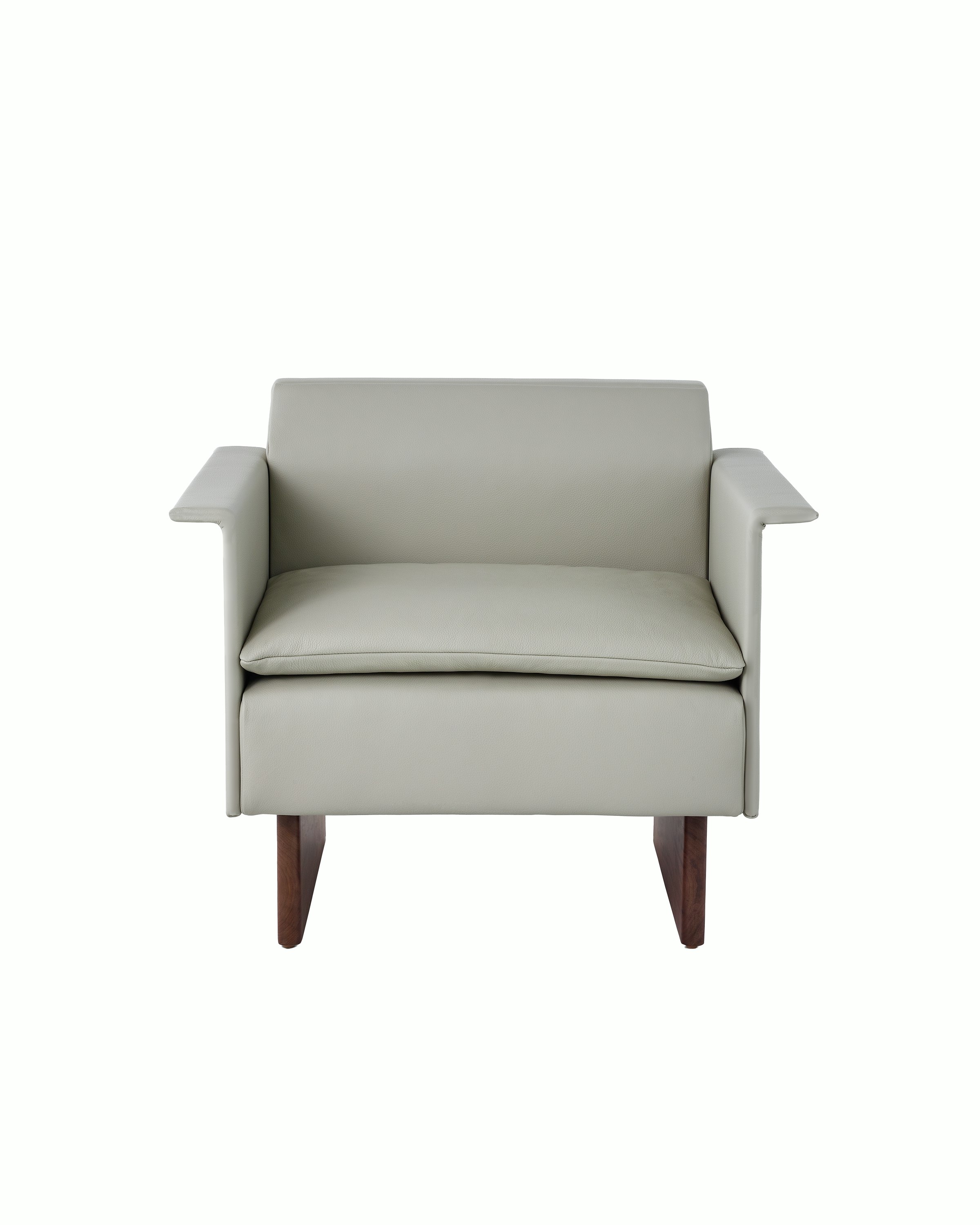 Mantle Club Chair with Wood Base in Bristol Leather Ash Grey, viewed from the front.