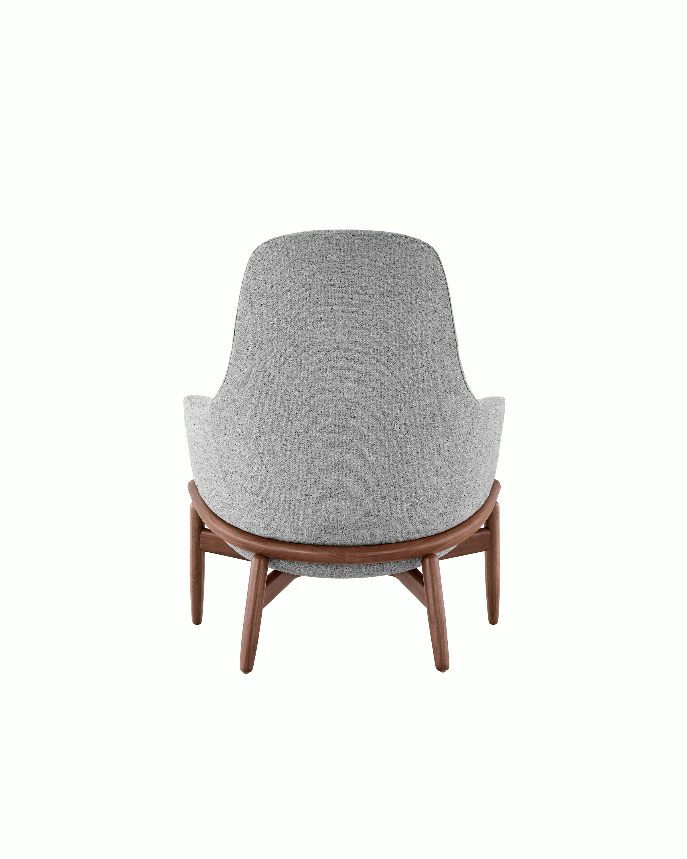 Gray upholstered Reframe High-Back Lounge Chair with walnut base, back view.